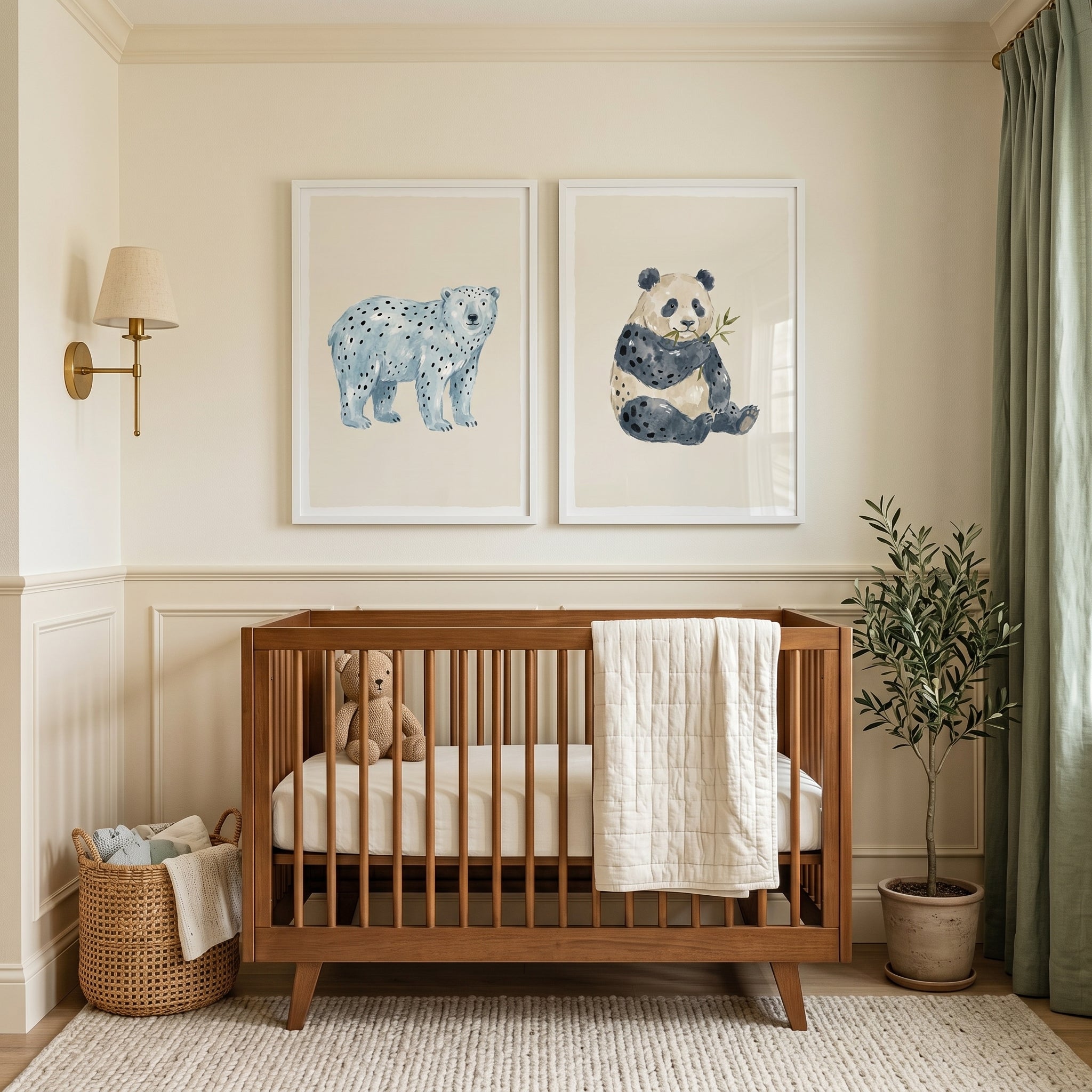 Stippled Neutral Watercolor Bear Wall Art Set of 2 - Spotted Bear Duo