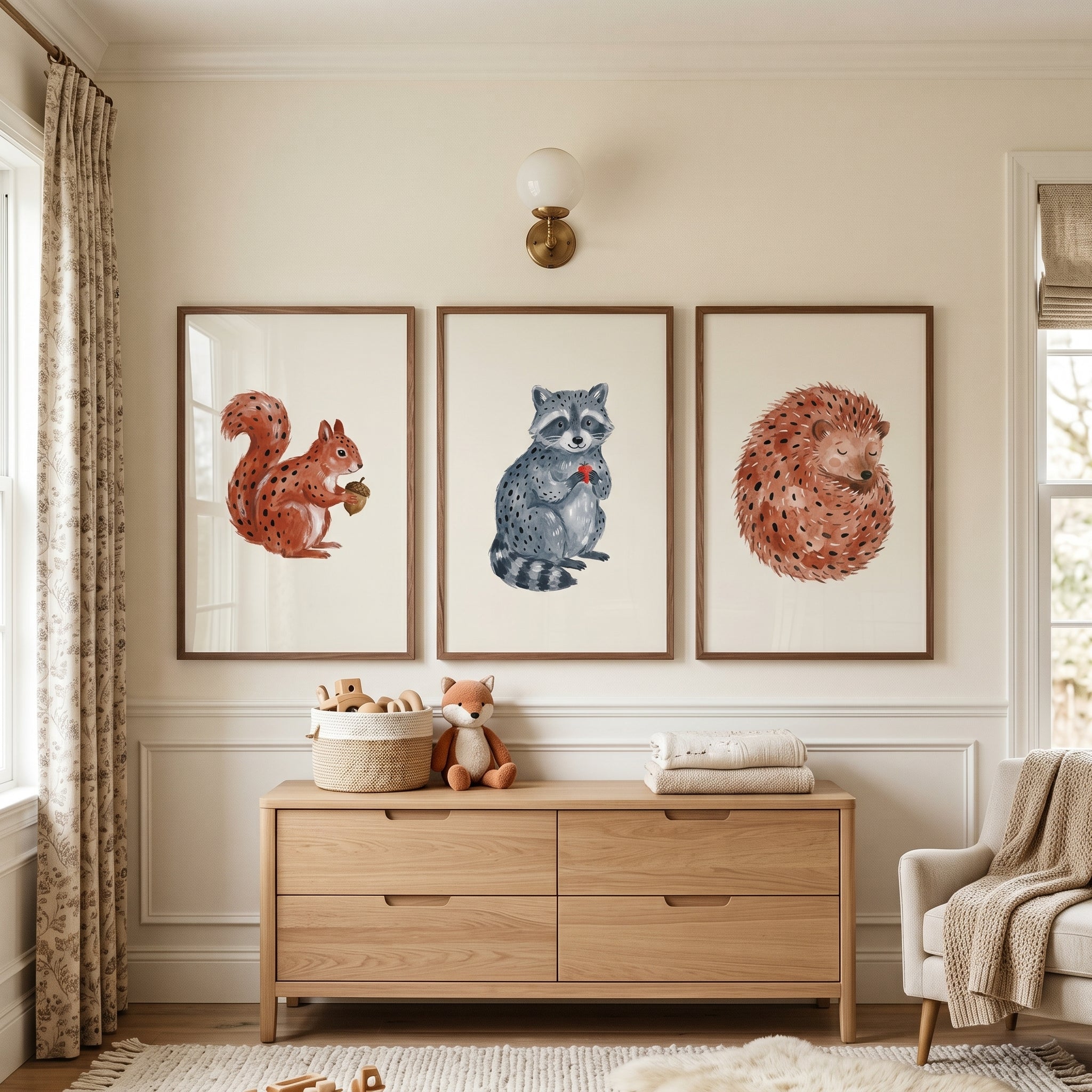Stippled Neutral Woodland Animals Wall Art Set of 3 - Sweet Forest Critters