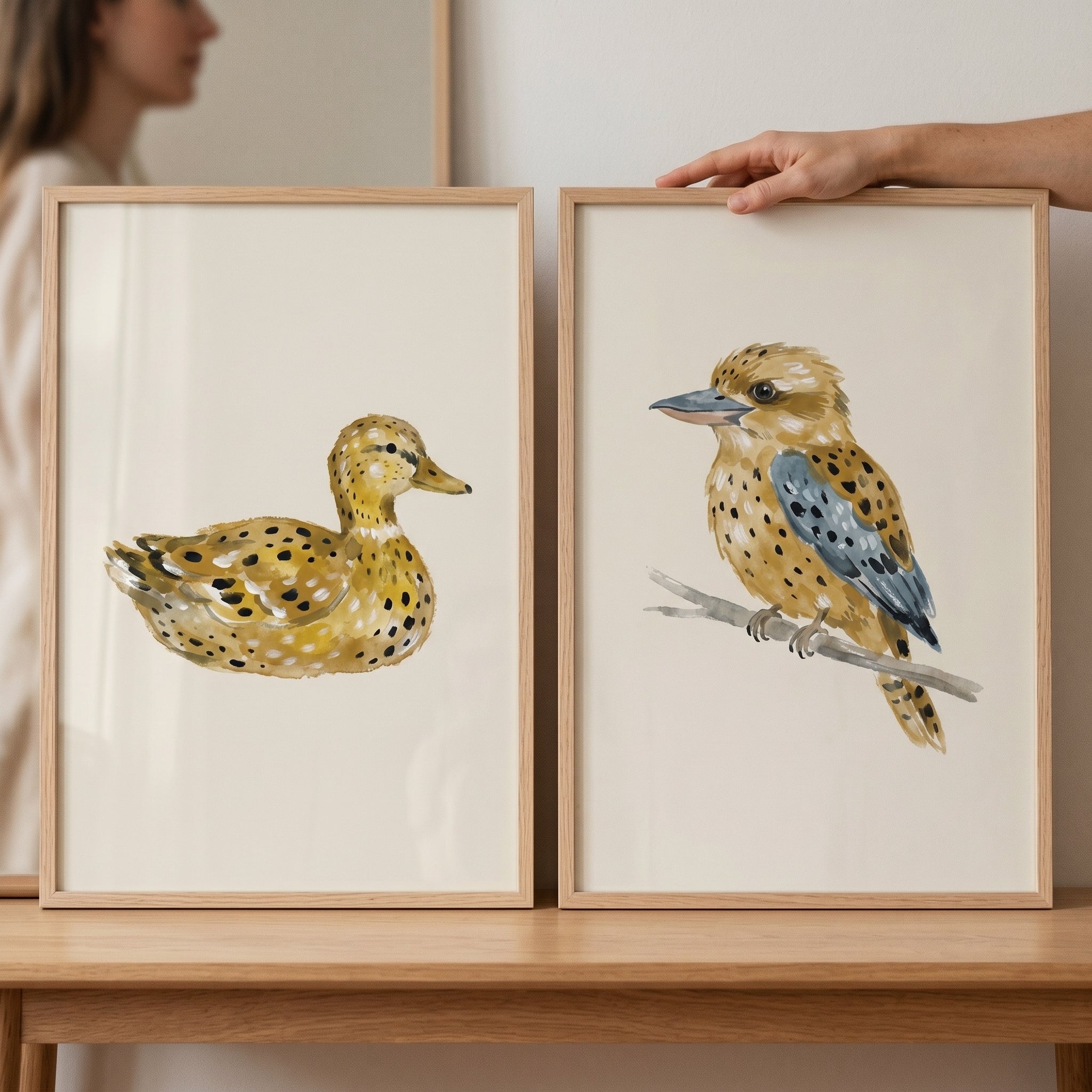 Stippled Ochre Nature Birds Wall Art Set of 2 - Spotted Bird Duo