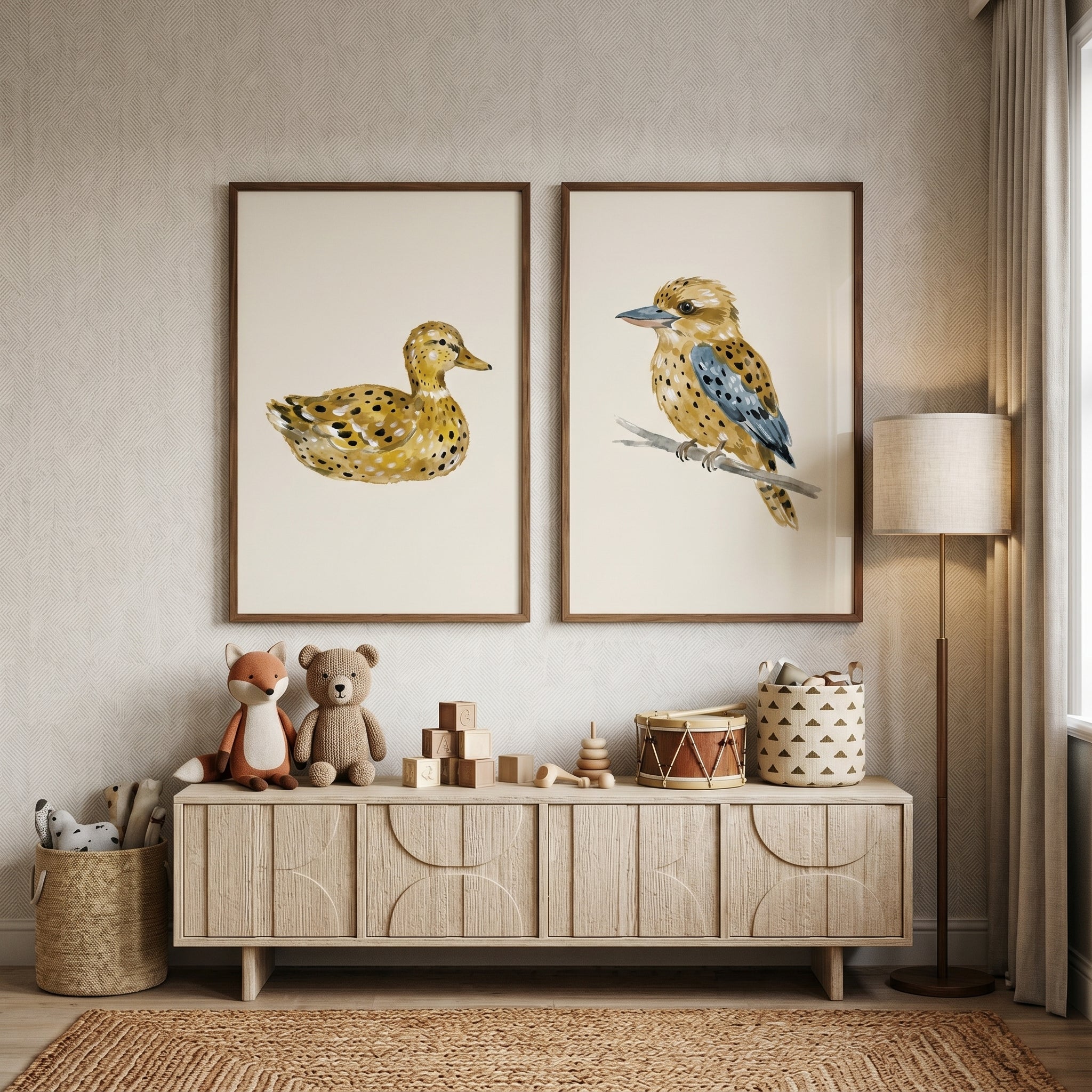 Stippled Ochre Nature Birds Wall Art Set of 2 - Spotted Bird Duo