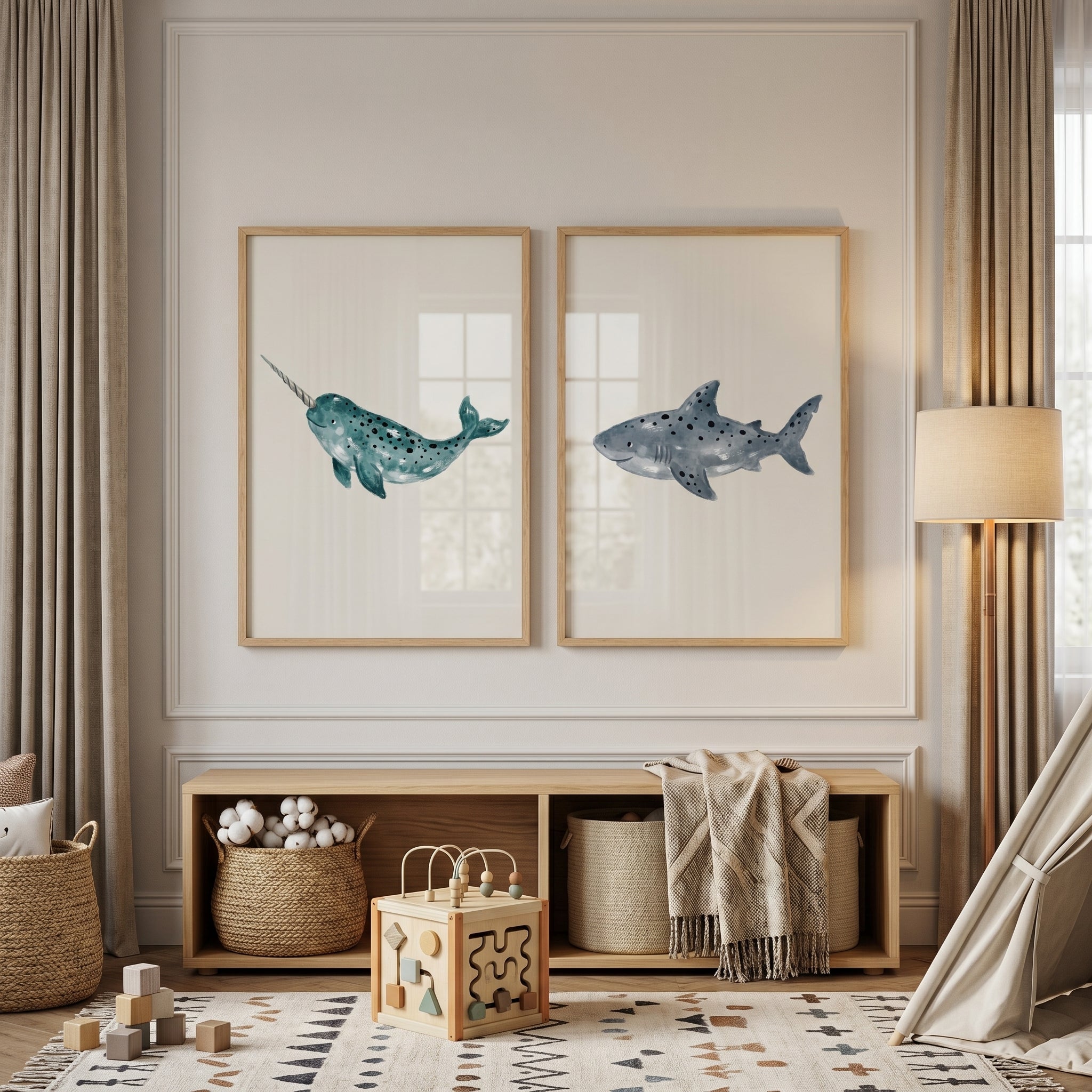 Stippled Teal Sea Creature Wall Art Set of 2 - Watercolor Ocean Duo