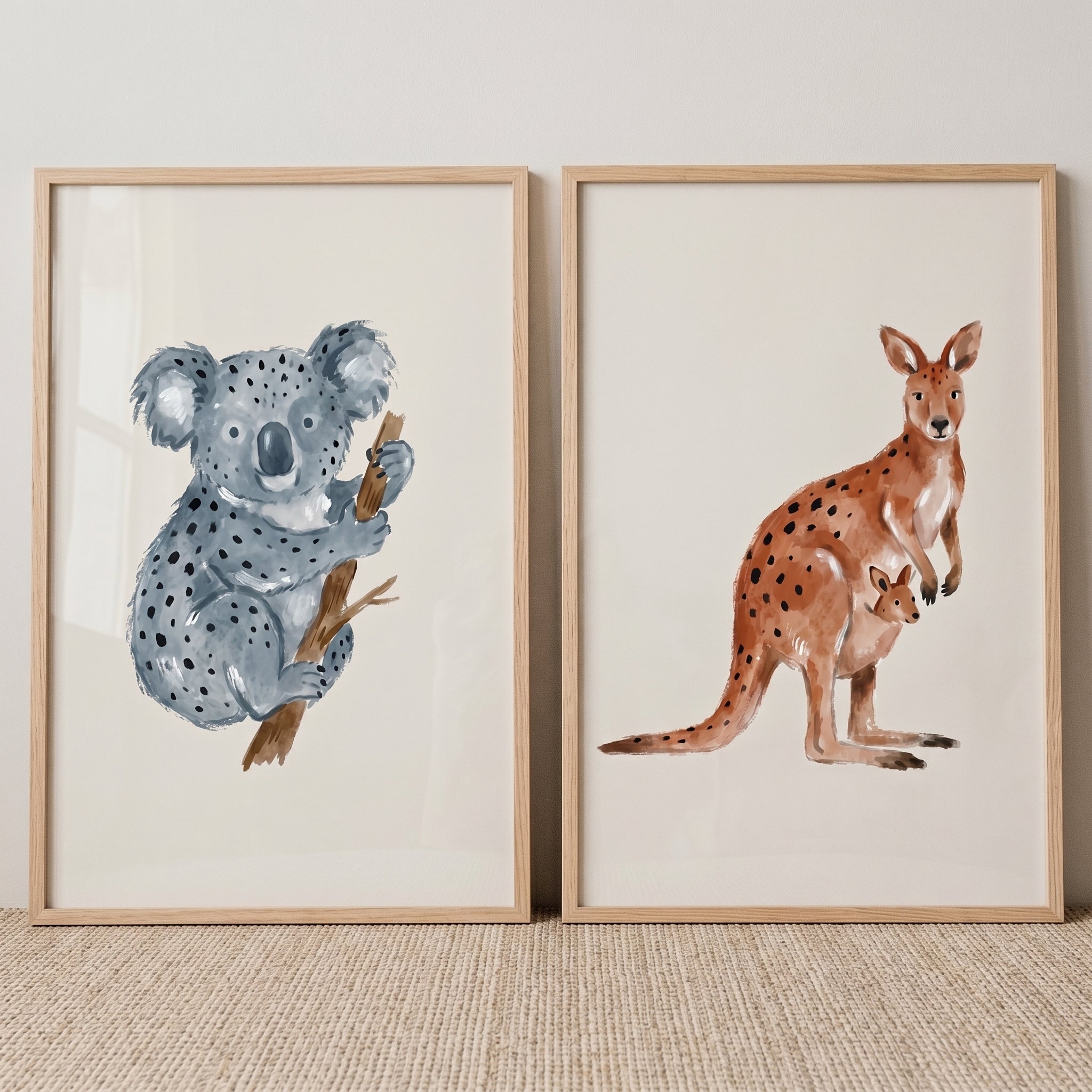 Stippled Watercolor Australian Animal Wall Art Set of 2 - Gentle Bush Creatures
