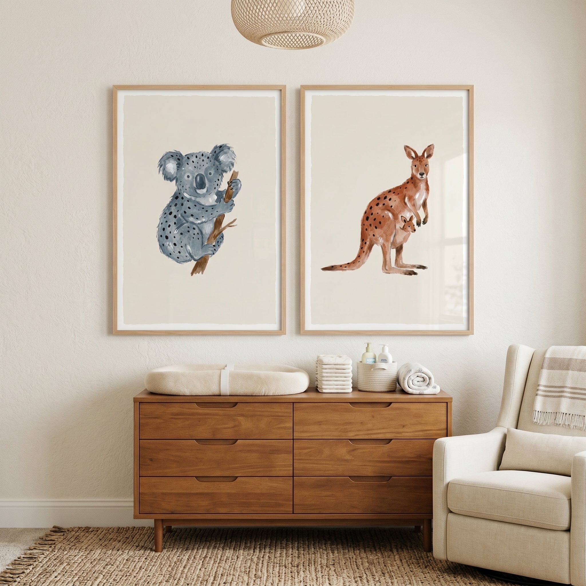 Stippled Watercolor Australian Animal Wall Art Set of 2 - Gentle Bush Creatures