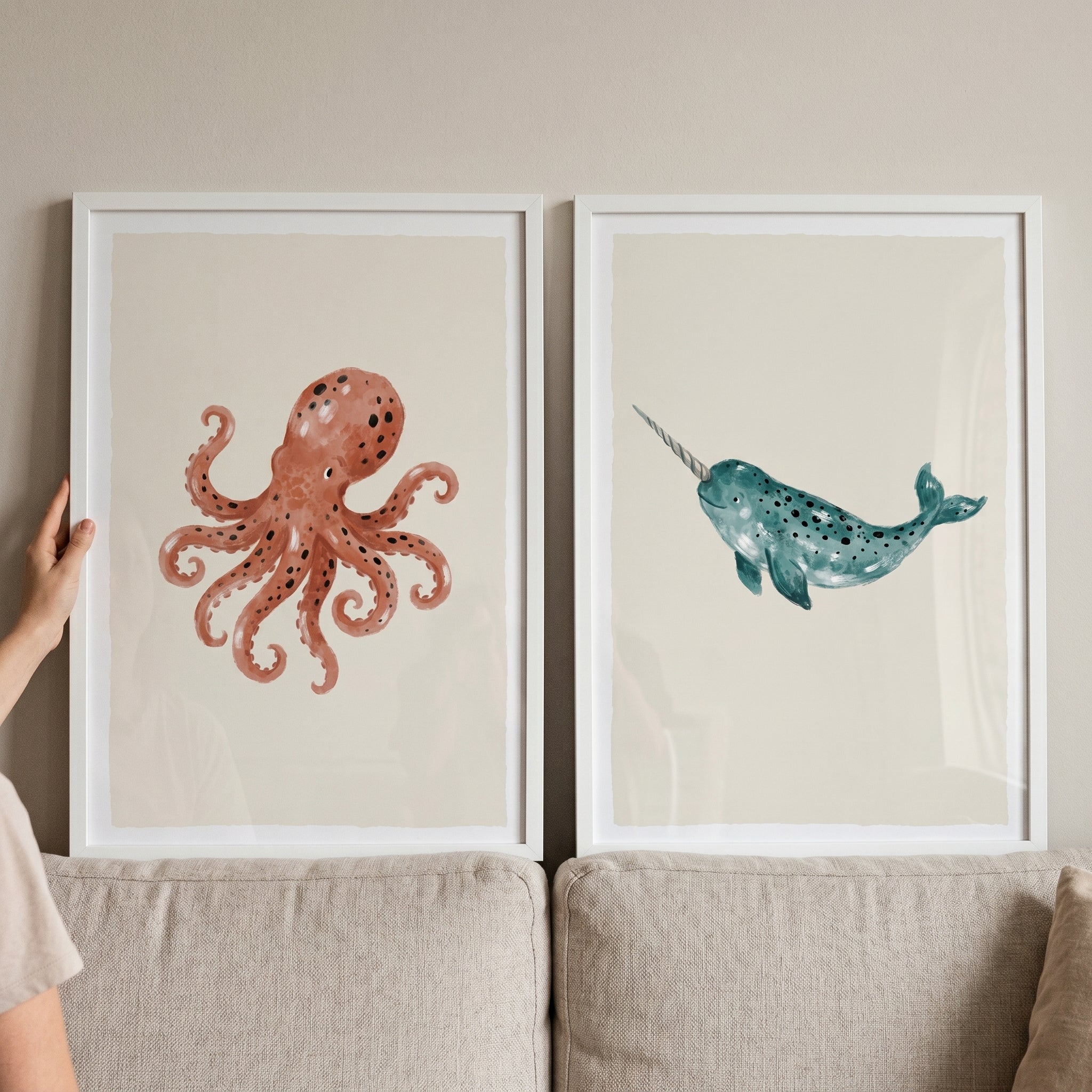 Stippled Watercolor Marine Life Wall Art Set of 2 - Spotted Marine Friends