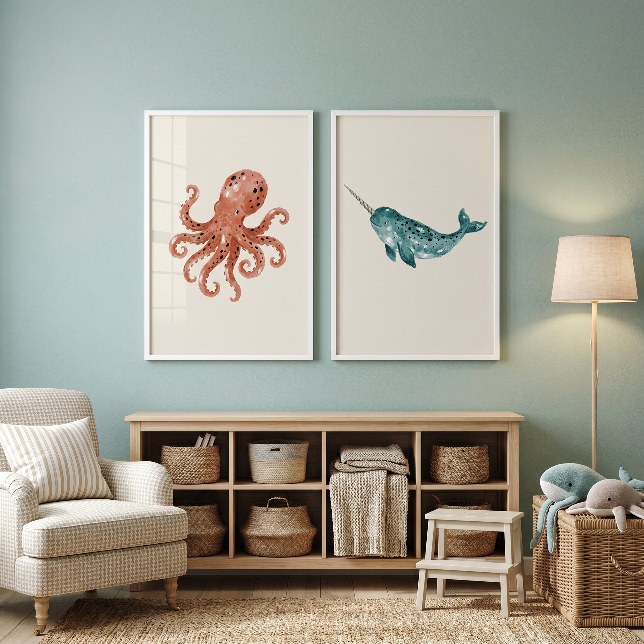 Stippled Watercolor Marine Life Wall Art Set of 2 - Spotted Marine Friends
