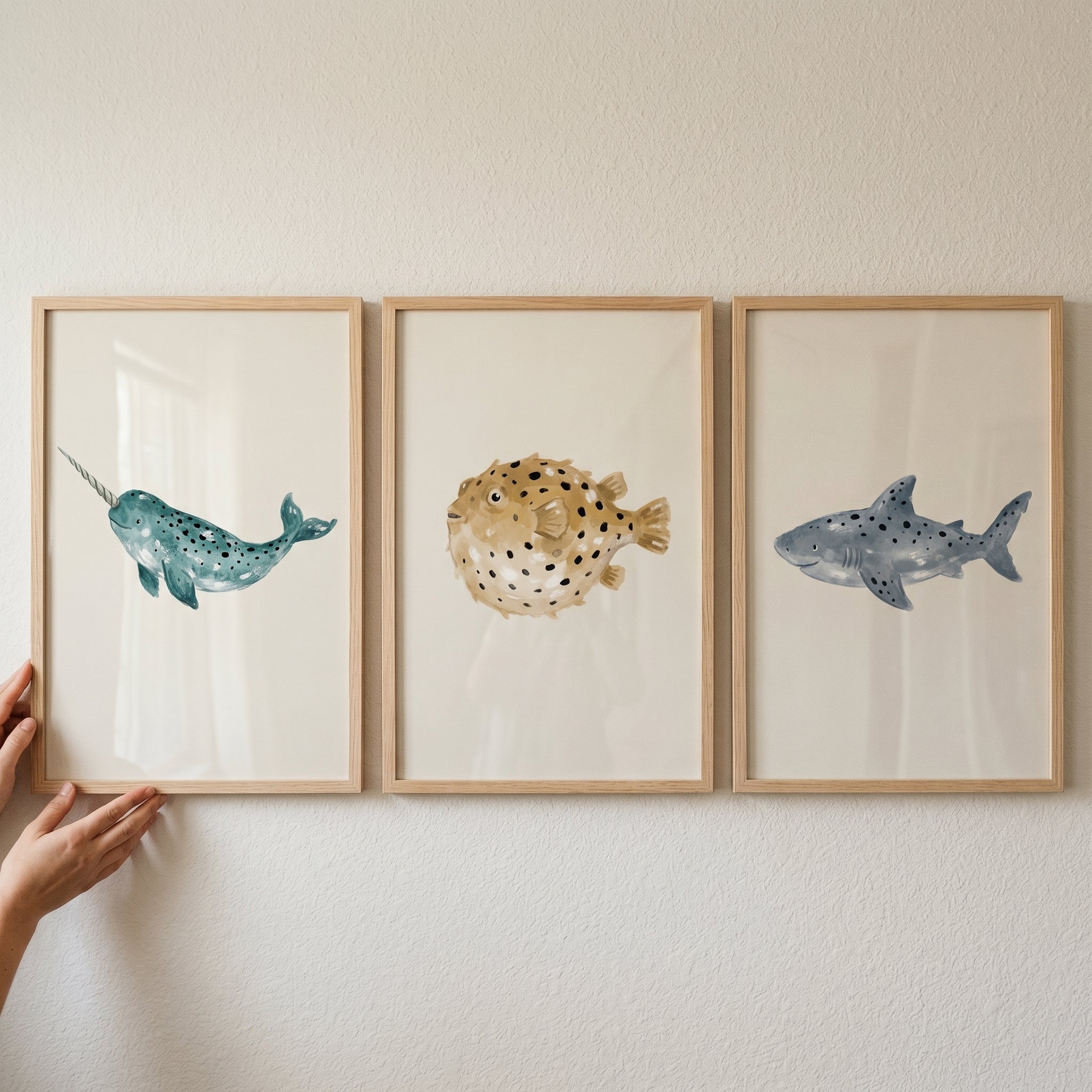 Stippled Watercolor Sea Animal Wall Art Set of 3 - Watercolor Sea Trio