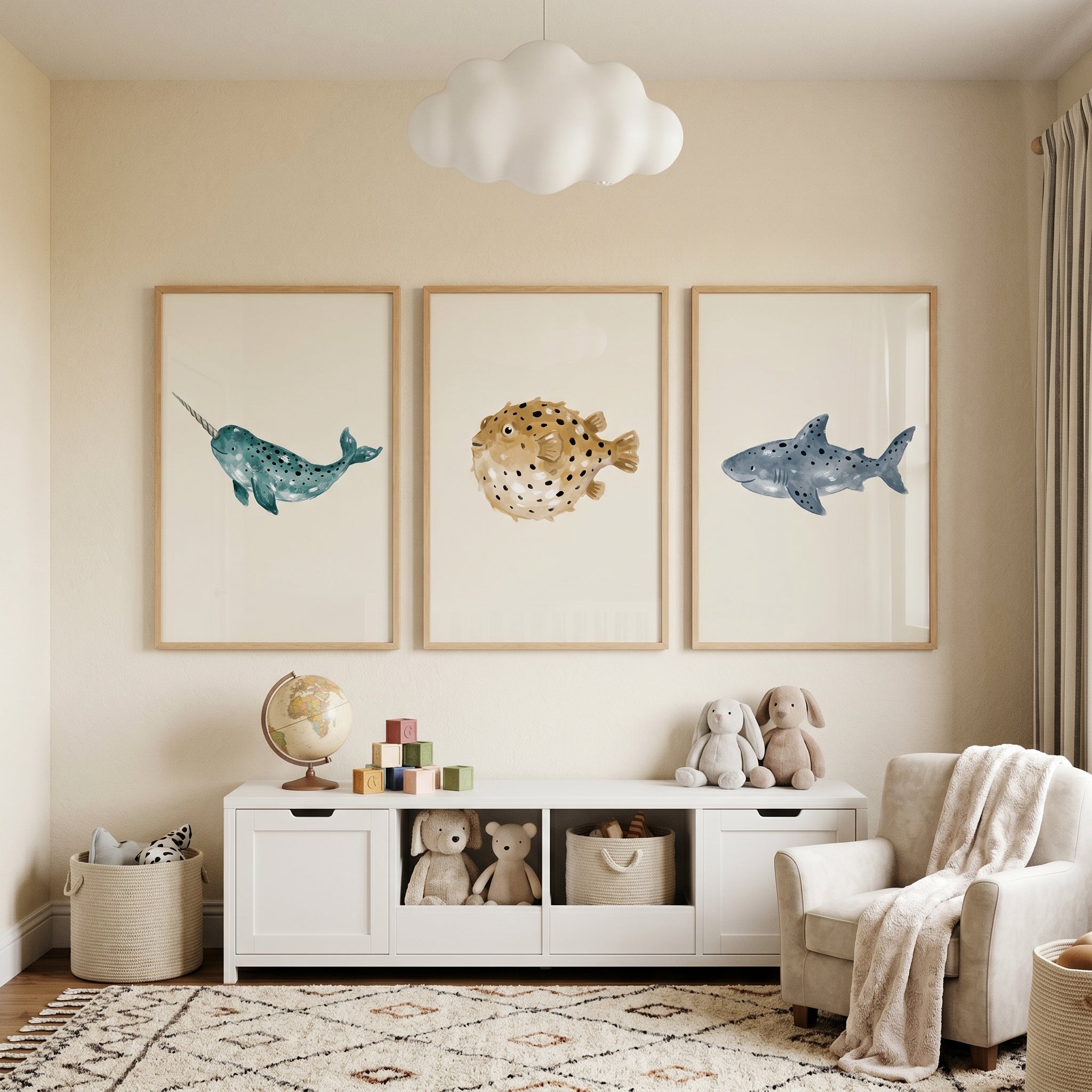 Stippled Watercolor Sea Animal Wall Art Set of 3 - Watercolor Sea Trio
