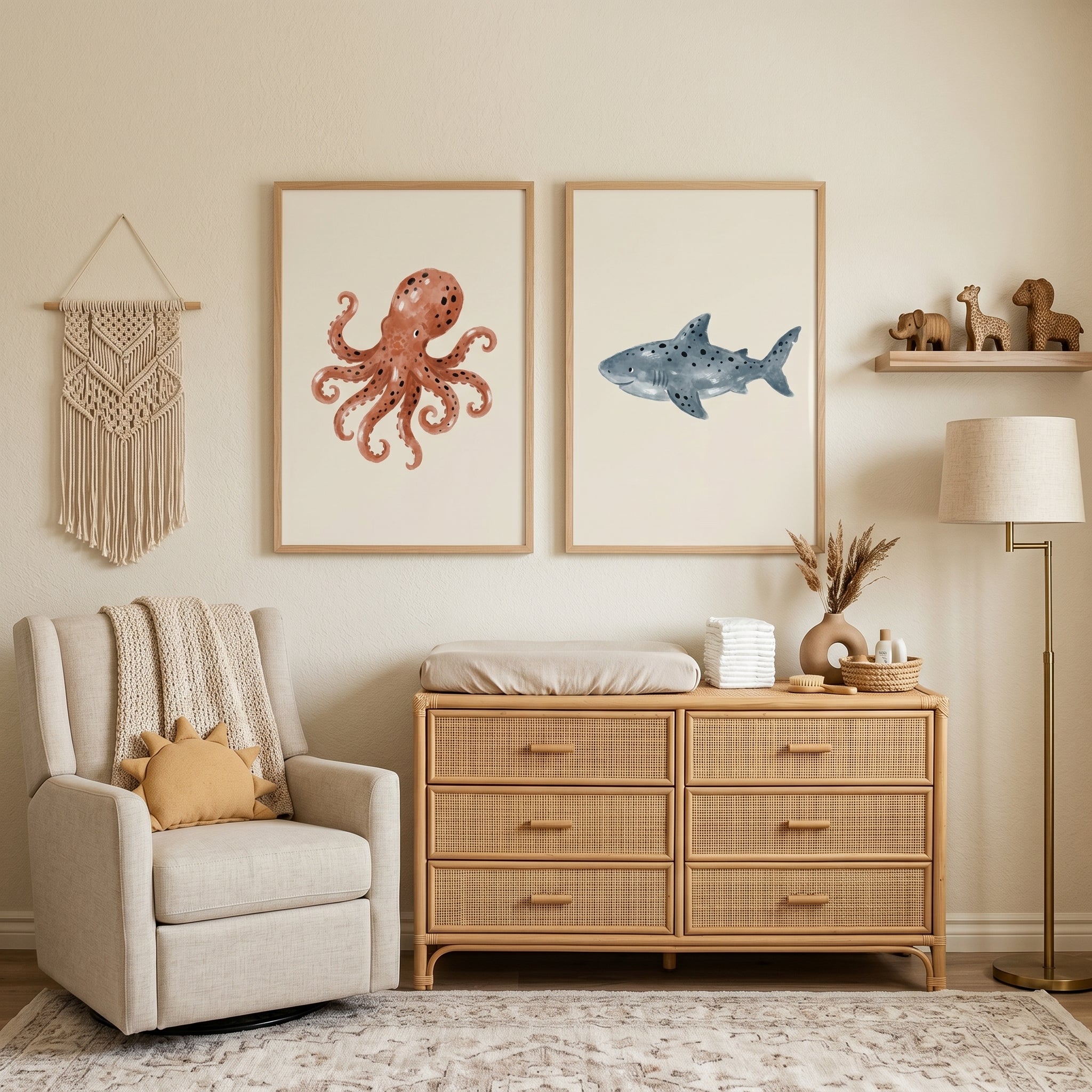 Stippled Watercolor Sea Creature Wall Art Set of 2 - Spotted Sea Duo