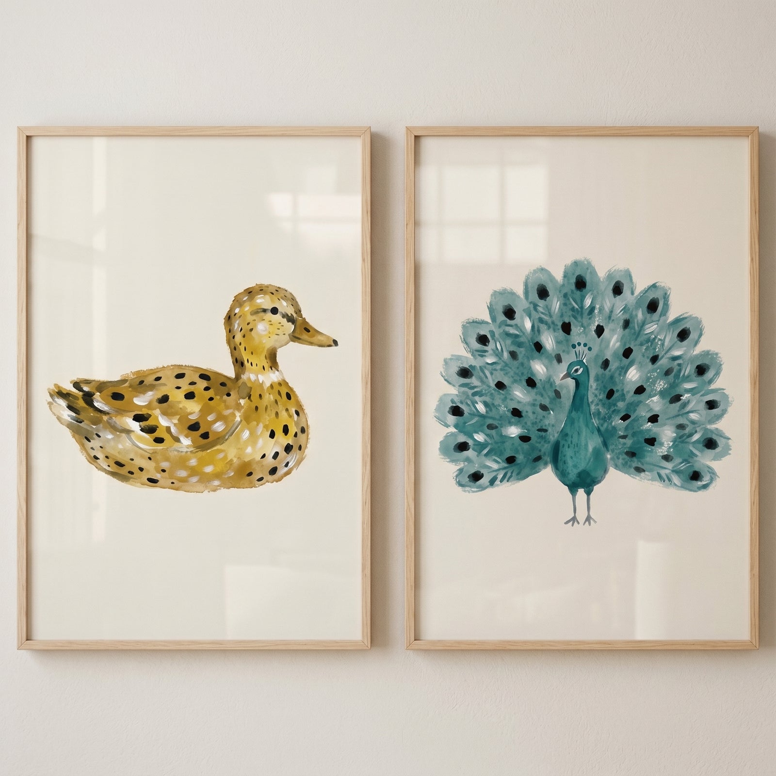 Stippled watercolor spotted birds wall art set of 2 featuring a yellow duck and a teal peacock in light wood frames.