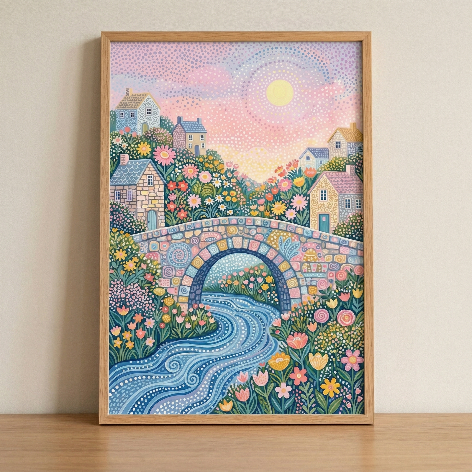 A whimsical and vibrant folk-art-inspired illustration featuring a charming village scene. In the center, a decorative stone arch bridge with intricate colorful patterns spans a winding river. The river itself is rendered with flowing, swirling lines in various shades of blue. Surrounding the water and bridge is a lush, dense carpet of stylized flowers in bright pink, yellow, and orange tones. 
