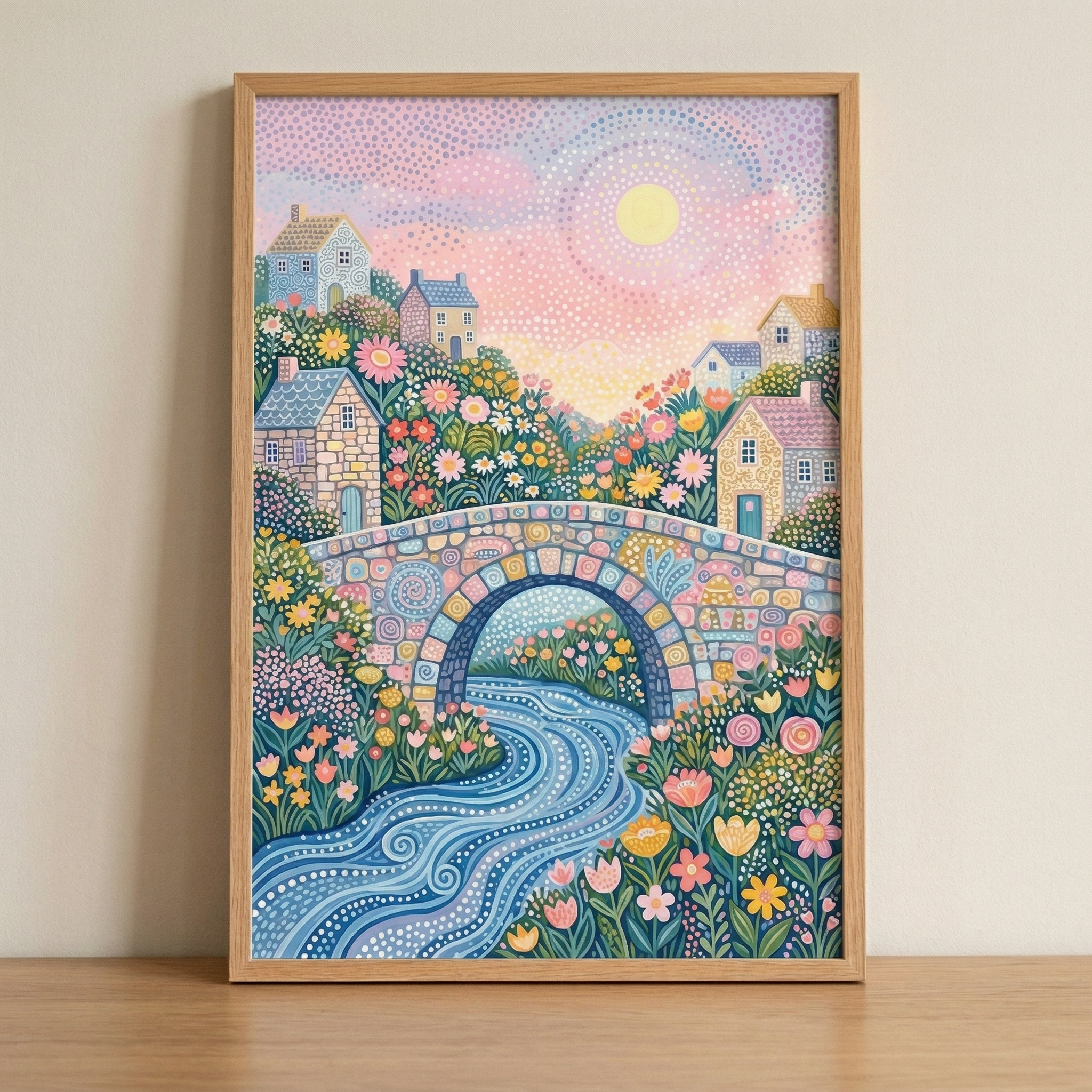 Stone Bridge River Landscape Wall Art - Sunlit Floral Bridge