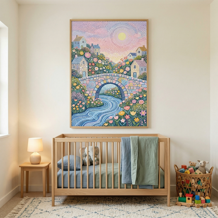 A bright nursery features a light wood crib centered against an off-white wall. Above the crib hangs a large, framed whimsical artwork of a stone bridge over a swirling blue river, surrounded by houses and colorful flowers under a dotted, sunset-hued sky. A small wooden table with a glowing lamp sits to the left. On the right, a wicker basket holds wooden blocks and plush toys, with a wooden toy train nearby. A patterned rug with fringe completes the cozy, minimalist room.