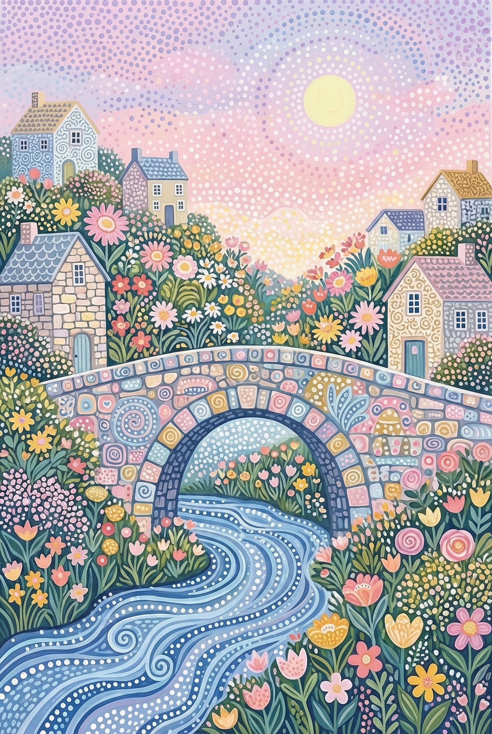 Stone Bridge River Landscape Wall Art - Sunlit Floral Bridge