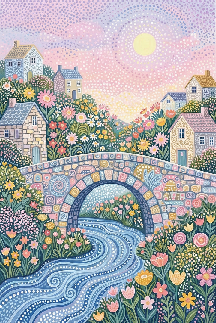Whimsical pastel wall art of a stone bridge arching over a swirling blue river in a flower filled village. Patterned cottages and blooming gardens sit beneath a pink sky with a glowing sun, giving the scene a dreamy storybook feel.