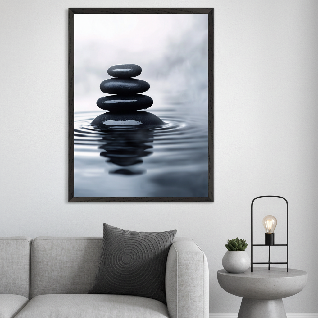 Modern living room with a grey sofa and concrete side table. A large framed print of a zen stack of dark stones on water with ripples and a reflection hangs on the white wall above.