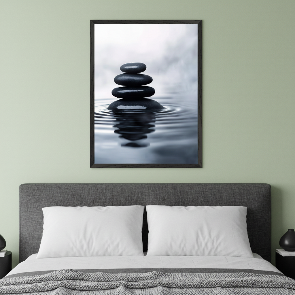 Modern bedroom with a gray upholstered bed and white pillows. A framed print of stacked black zen stones in rippling water hangs centered above the bed on a light green wall.