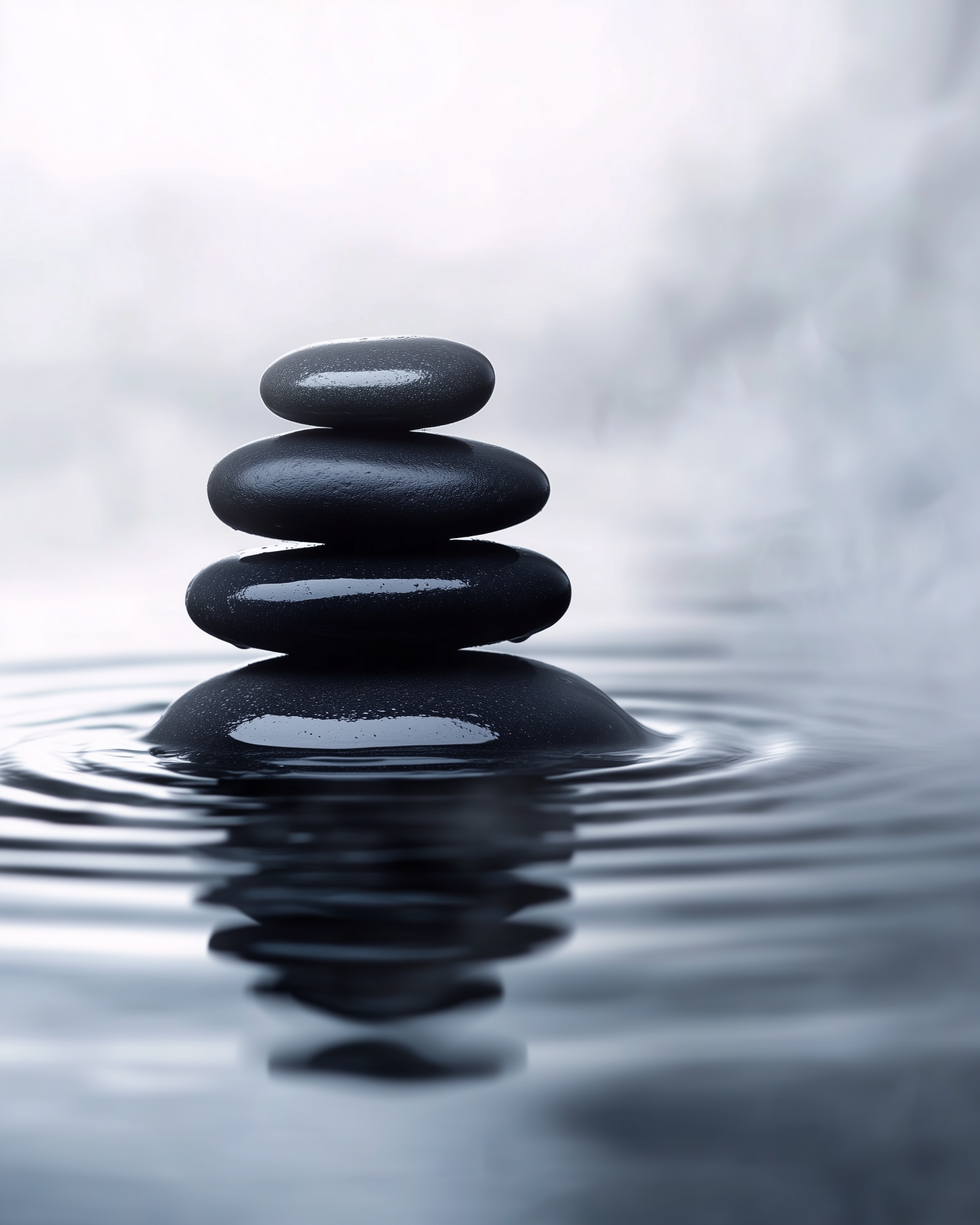 Minimalist spa-style photo of smooth black stones stacked on calm water with soft ripples and a foggy white-gray background, evoking balance and serenity.
