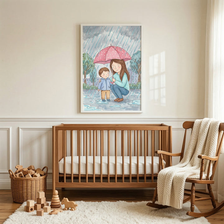 A cozy and serene nursery is shown with neutral-toned walls and wooden furniture. In the center, a simple wooden crib with a white mattress sits against a wall decorated with molding. Above the crib hangs a large framed illustration depicting a woman and a young child huddled together under a pink umbrella with white dots during a rain shower. 