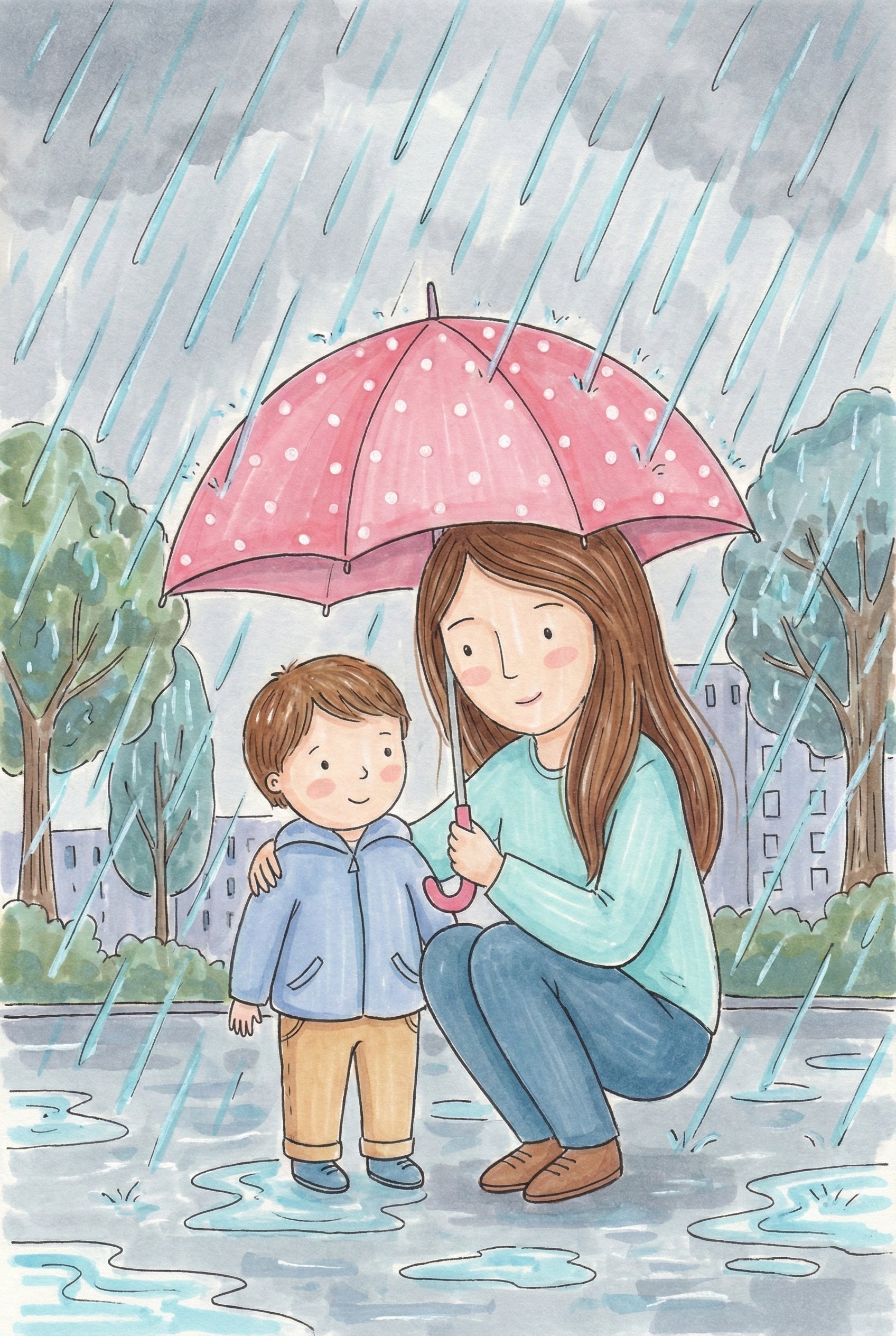 Stormy Weather Family Stroll Wall Art - Rainy Day Love