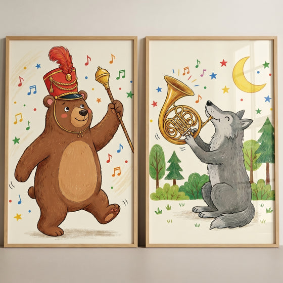 Storybook musical woodland animals wall art set of 2 featuring a bear bandleader and a wolf playing a brass horn.