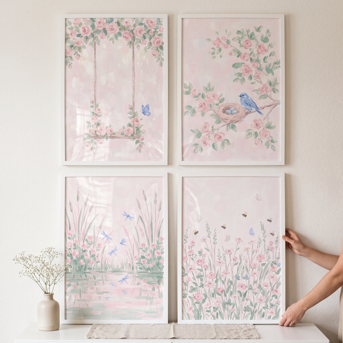 Storybook Pink Garden Artwork Set Of 4 - Blushing Garden Bliss