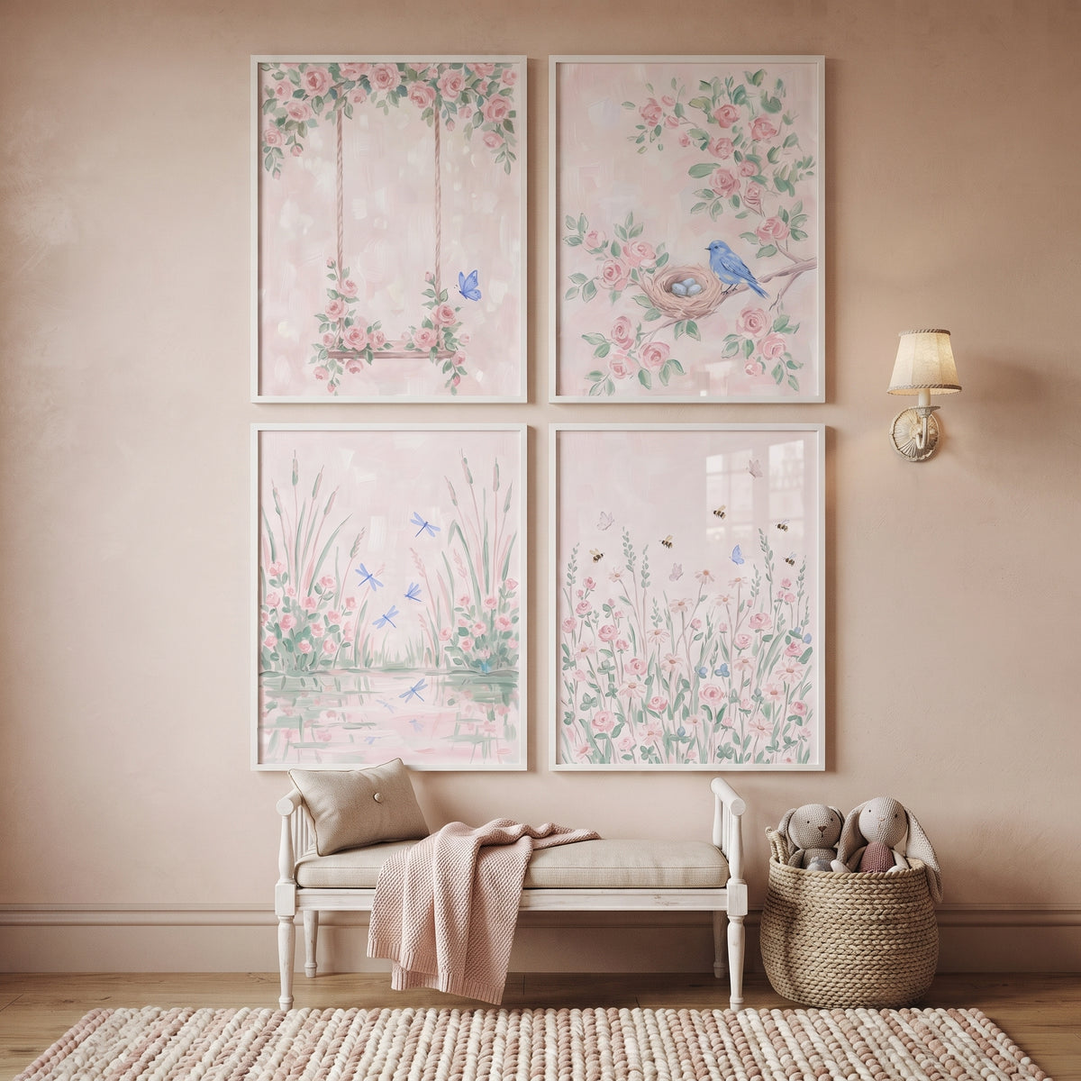 Storybook Pink Garden Artwork Set Of 4 - Blushing Garden Bliss