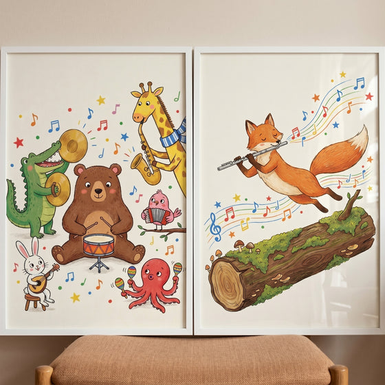 Storybook style musical animals artwork set of 2 featuring a diverse animal band and a fox playing a flute over a log.