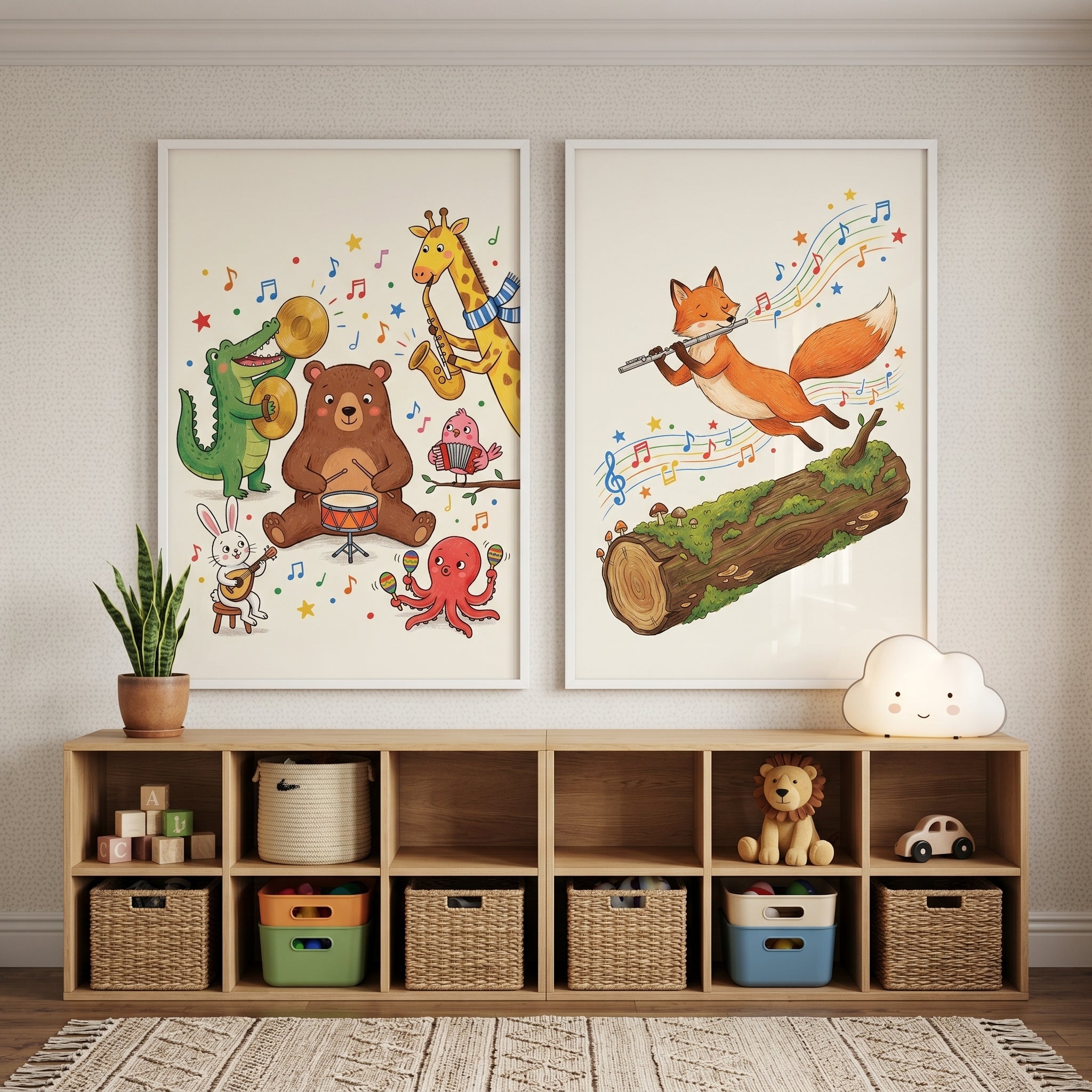 Storybook Style Musical Animals Artwork Set Of 2 - Musical Forest Friends