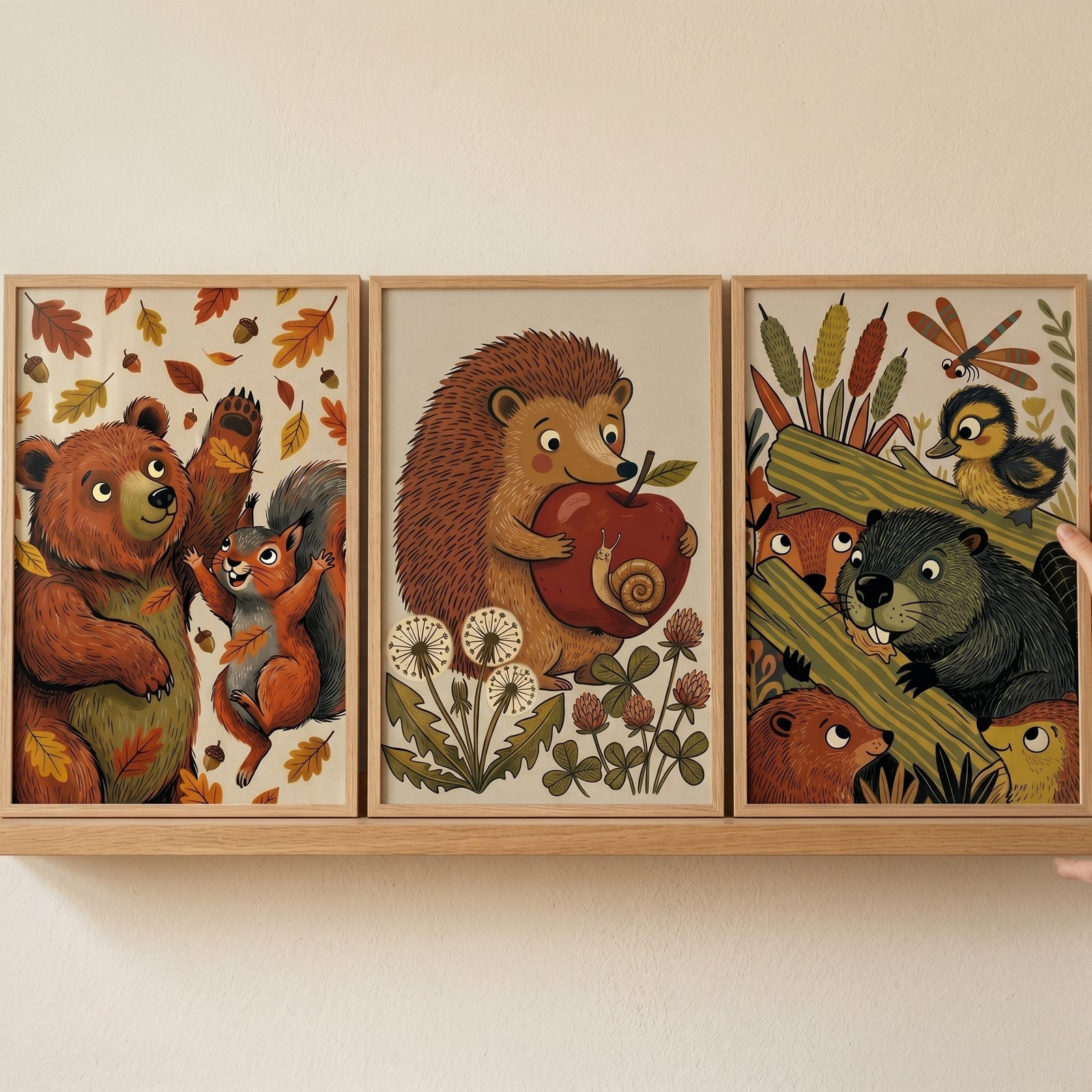 Storybook style woodland animals wall art set of 3 with a bear, squirrel, hedgehog with an apple, beaver, and duckling.