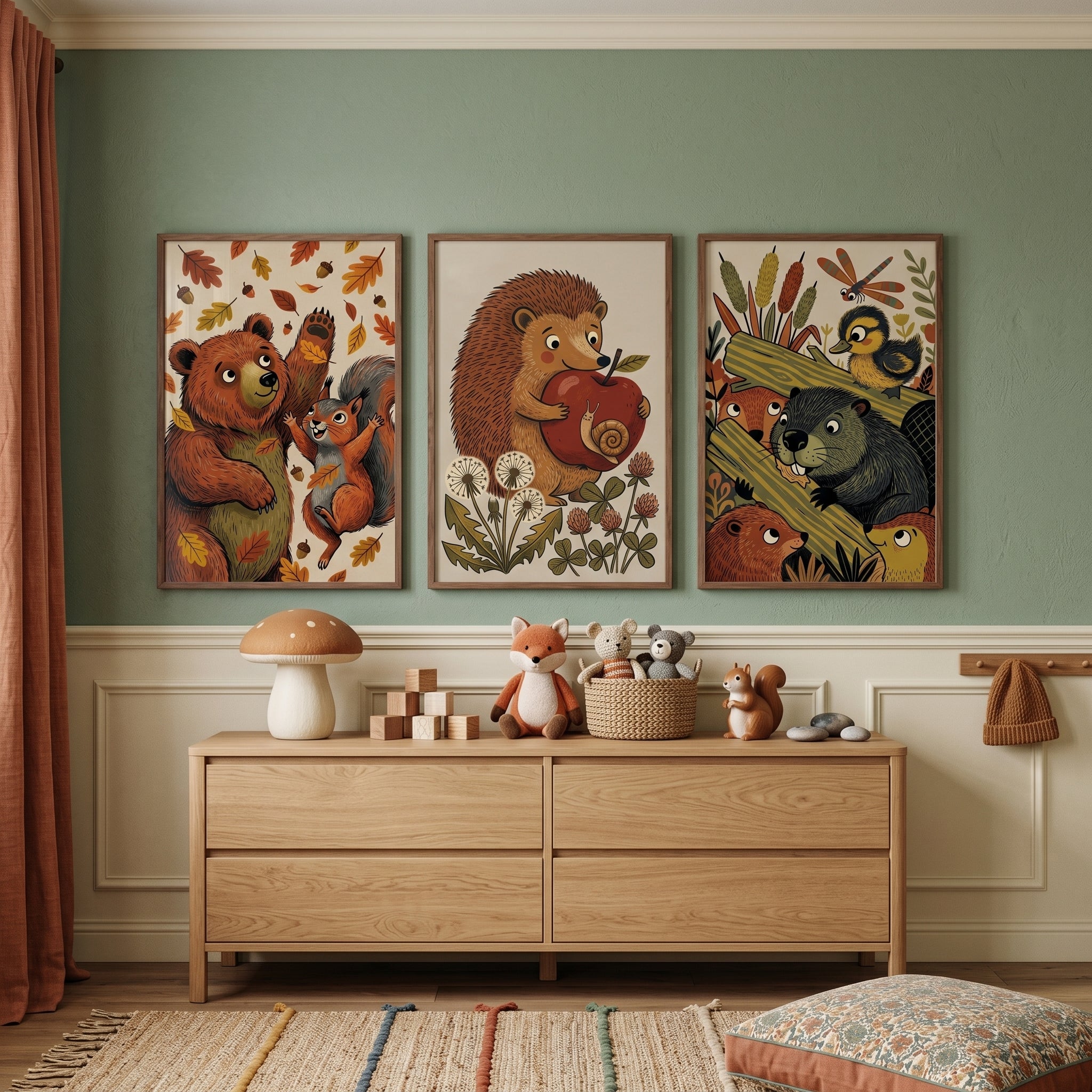 Storybook Style Woodland Animals Wall Art Set of 3 - Woodland Friend Trio