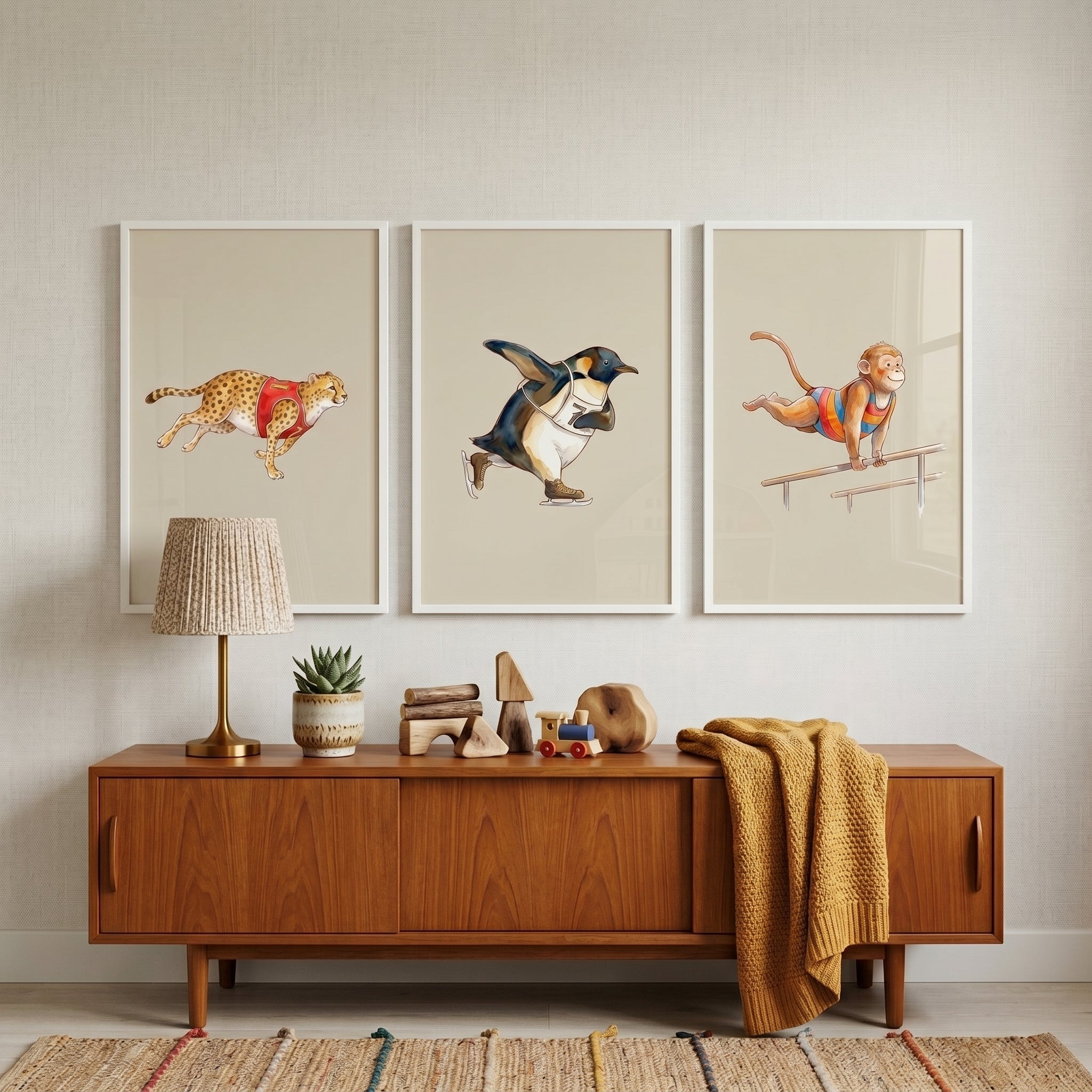 Storybook Watercolor Sports Animals Wall Art Set of 3 - Animal Sports Stars