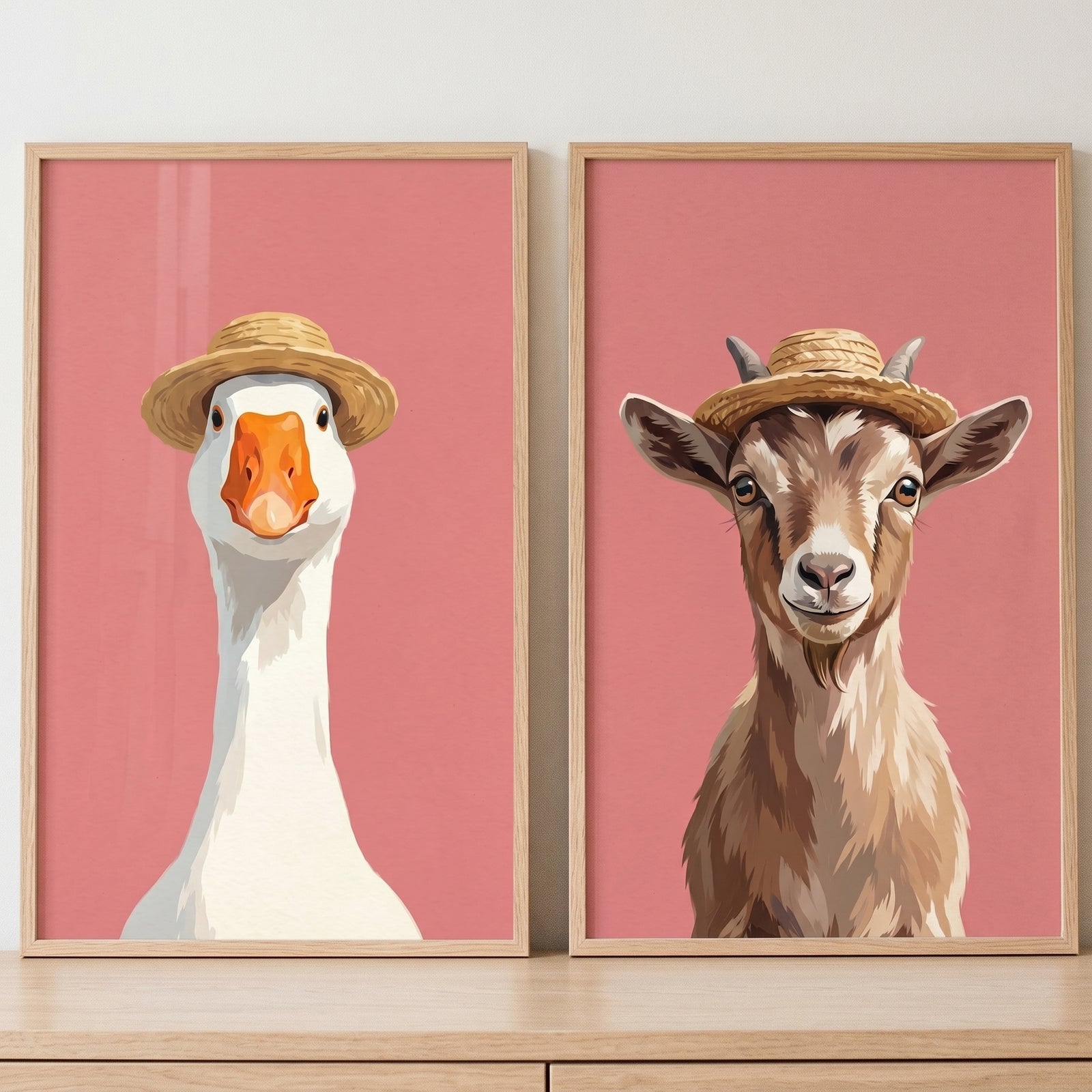 Straw hat farm animal wall art set of 2 featuring a goose and a goat on pink backgrounds in wooden frames.
