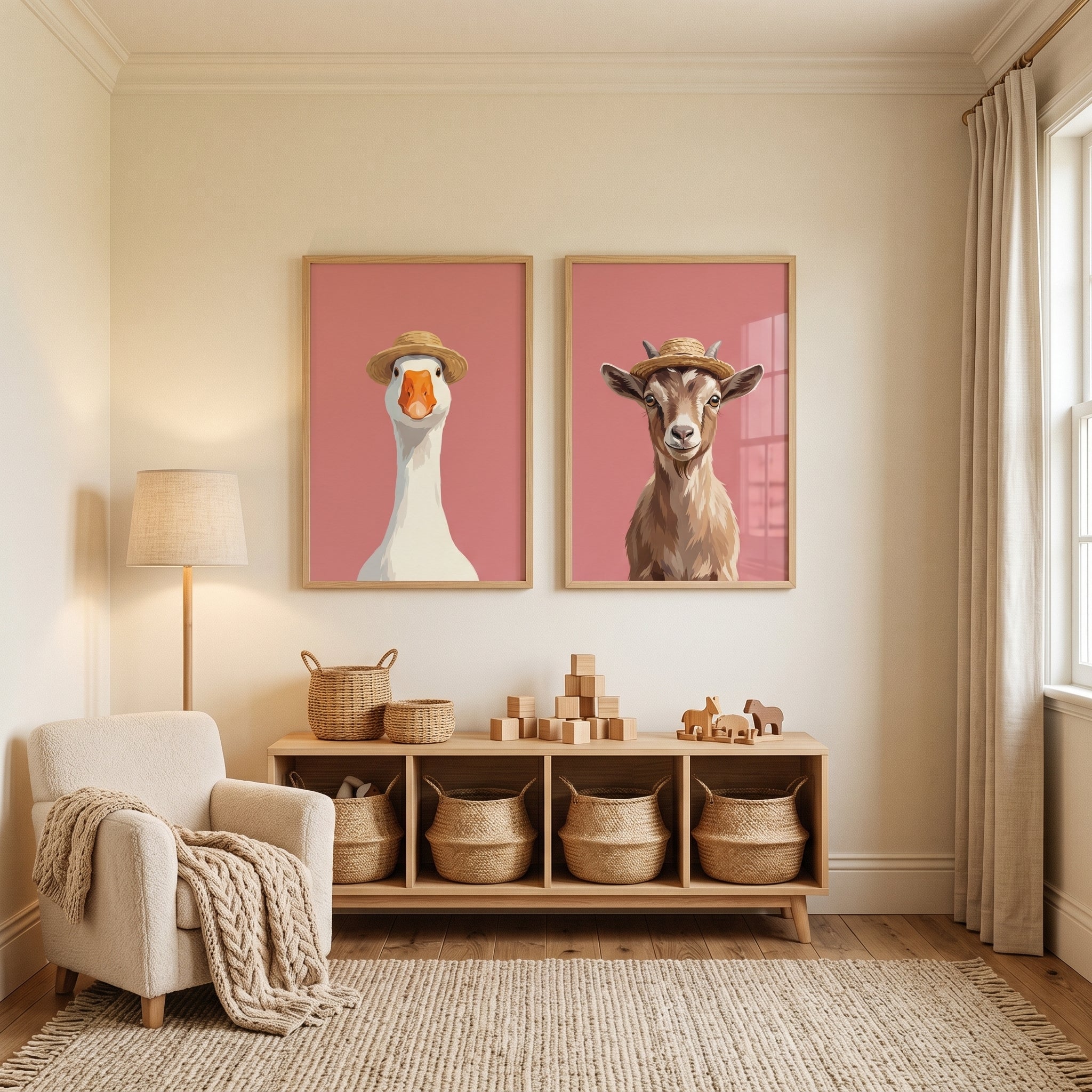 Straw Hat Farm Animal Wall Art Set of 2 - Pink Pasture Portraits