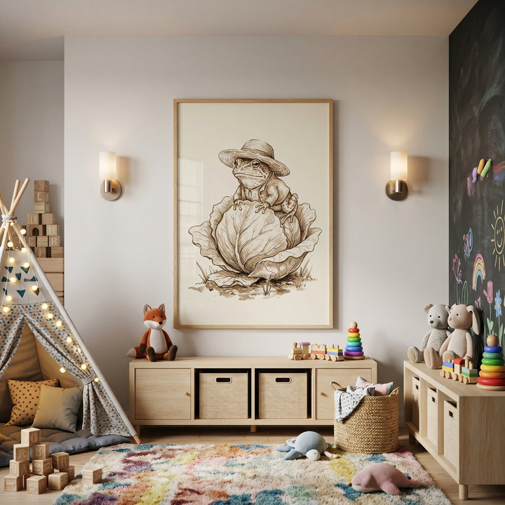 Straw hat garden frog wall art hangs in a nursery with a teepee, wooden storage, and a colorful rug.