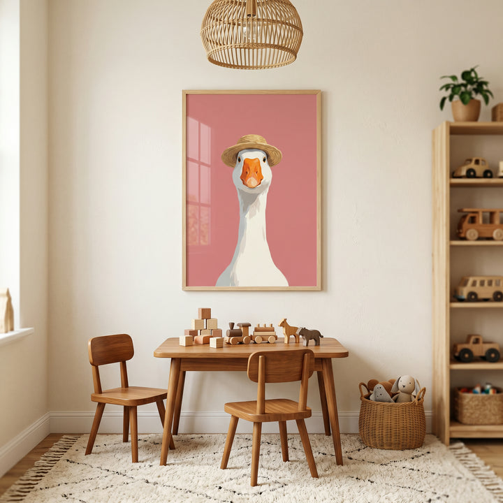 Straw hat white goose wall art hangs over a wooden table and chairs in a sunlit room with toys and a woven light.