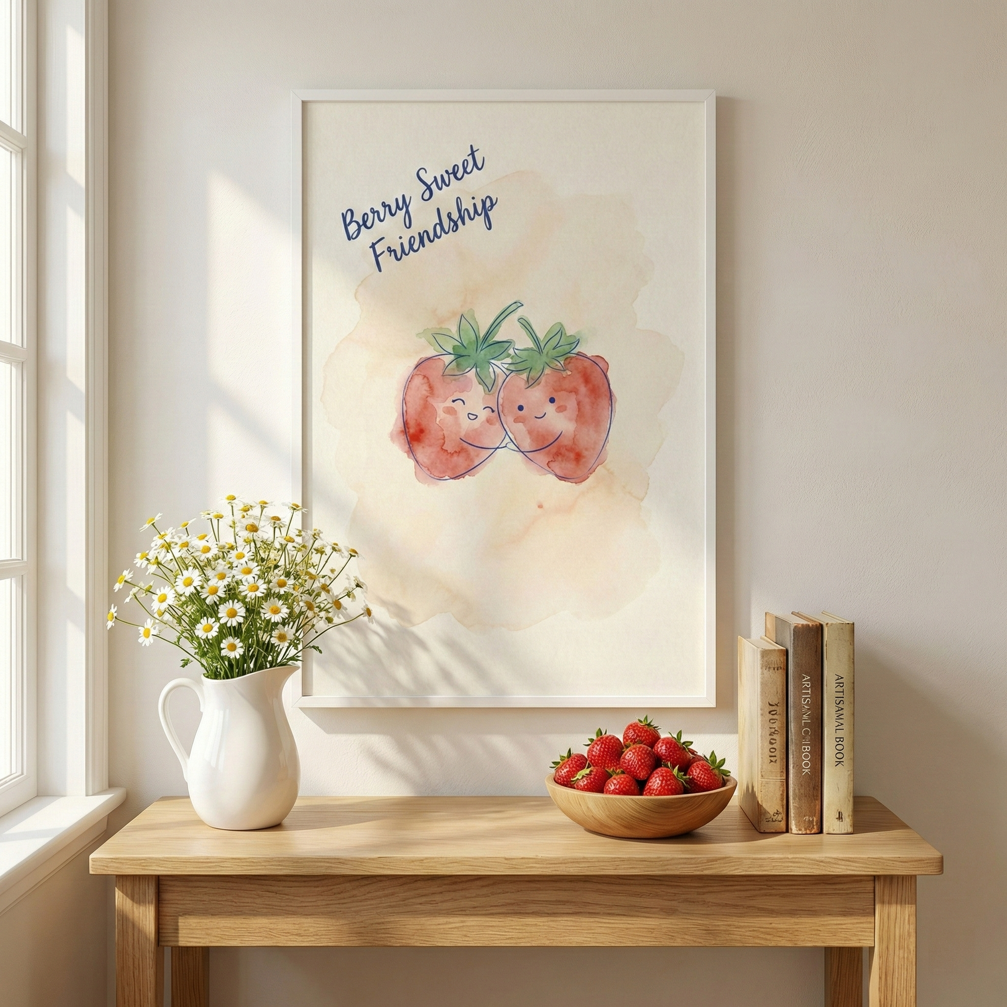 A bright, cozy interior scene features a framed artwork hanging on a light-colored wall above a wooden table. The artwork is a minimalist illustration of two red berries with simple, smiling faces, leaning against each other. Above them, the words "Berry Sweet Friendship" are written in a navy blue, cursive script. The illustration has a soft, watercolor-like aesthetic with a pale orange wash in the center.