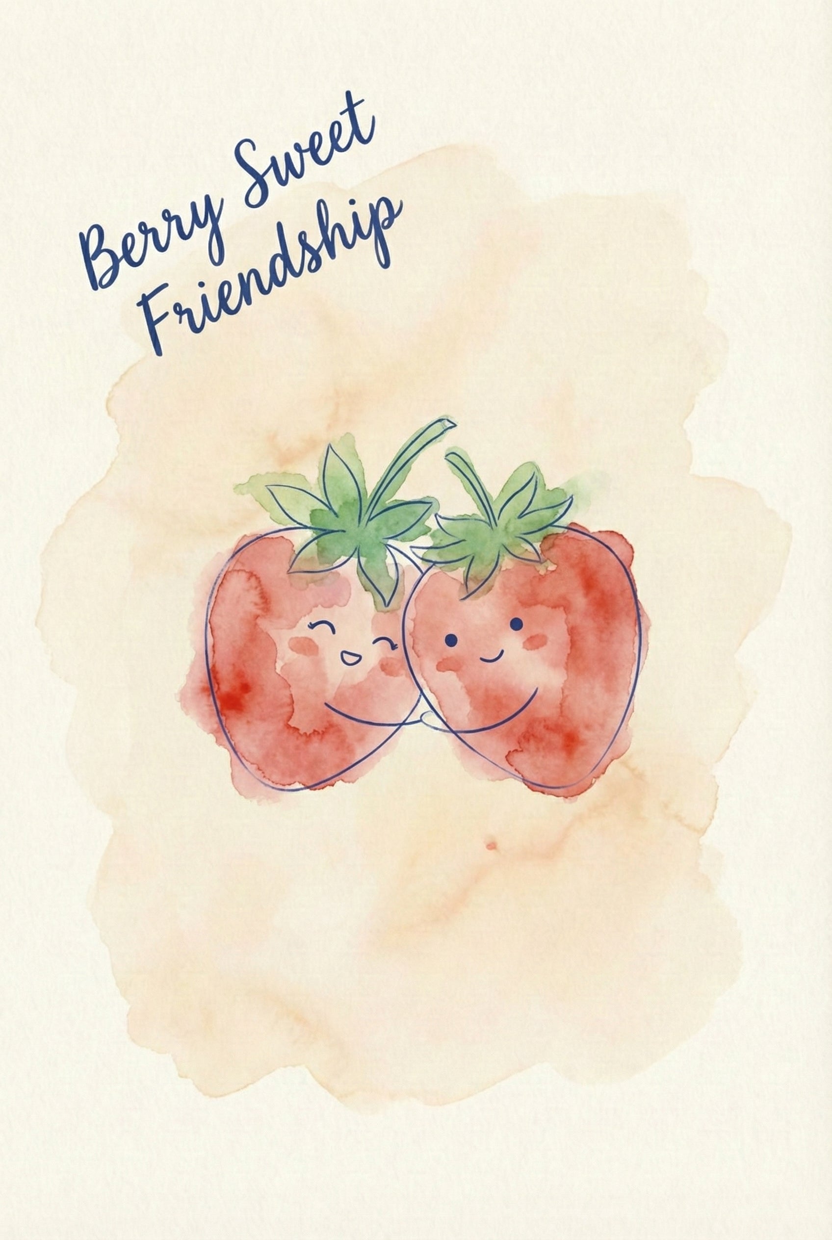 Two happy strawberries with leafy green tops lean in with cheerful faces and rosy cheeks, under the handwritten title “Berry Sweet Friendship.”
