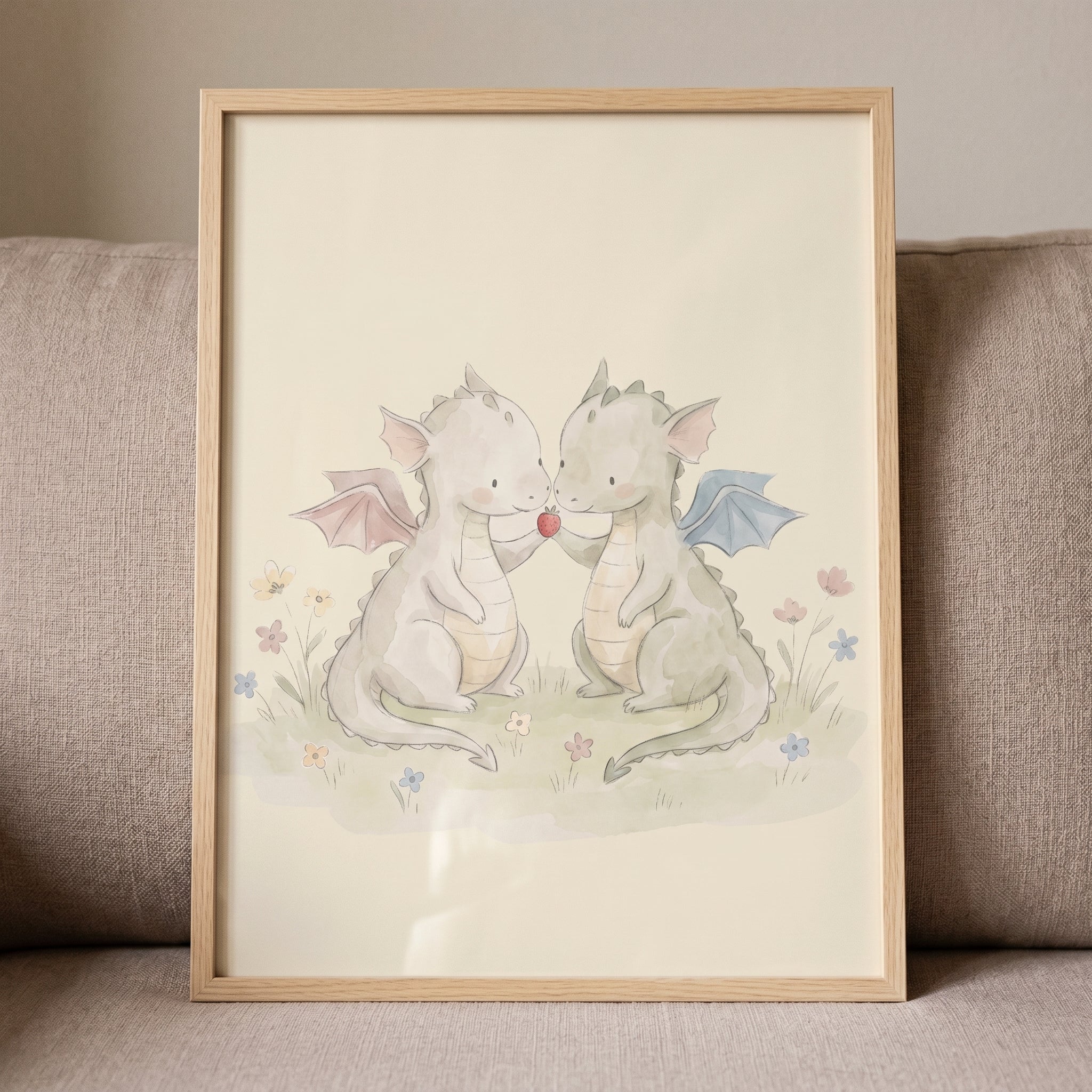 Strawberry Sharing Baby Dragons Wall Art - Sharing A Berry