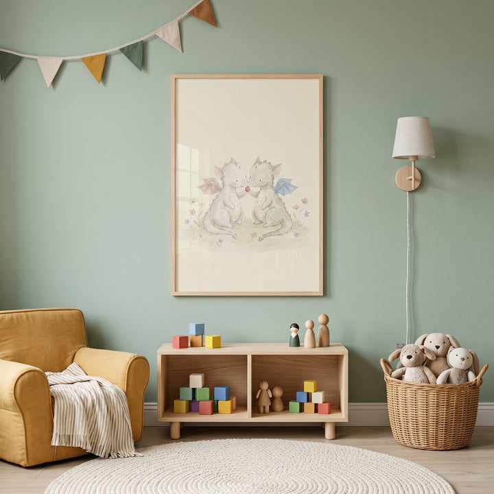 Strawberry sharing baby dragons wall art hangs in a green nursery with a yellow armchair, toy shelf, and plushies.