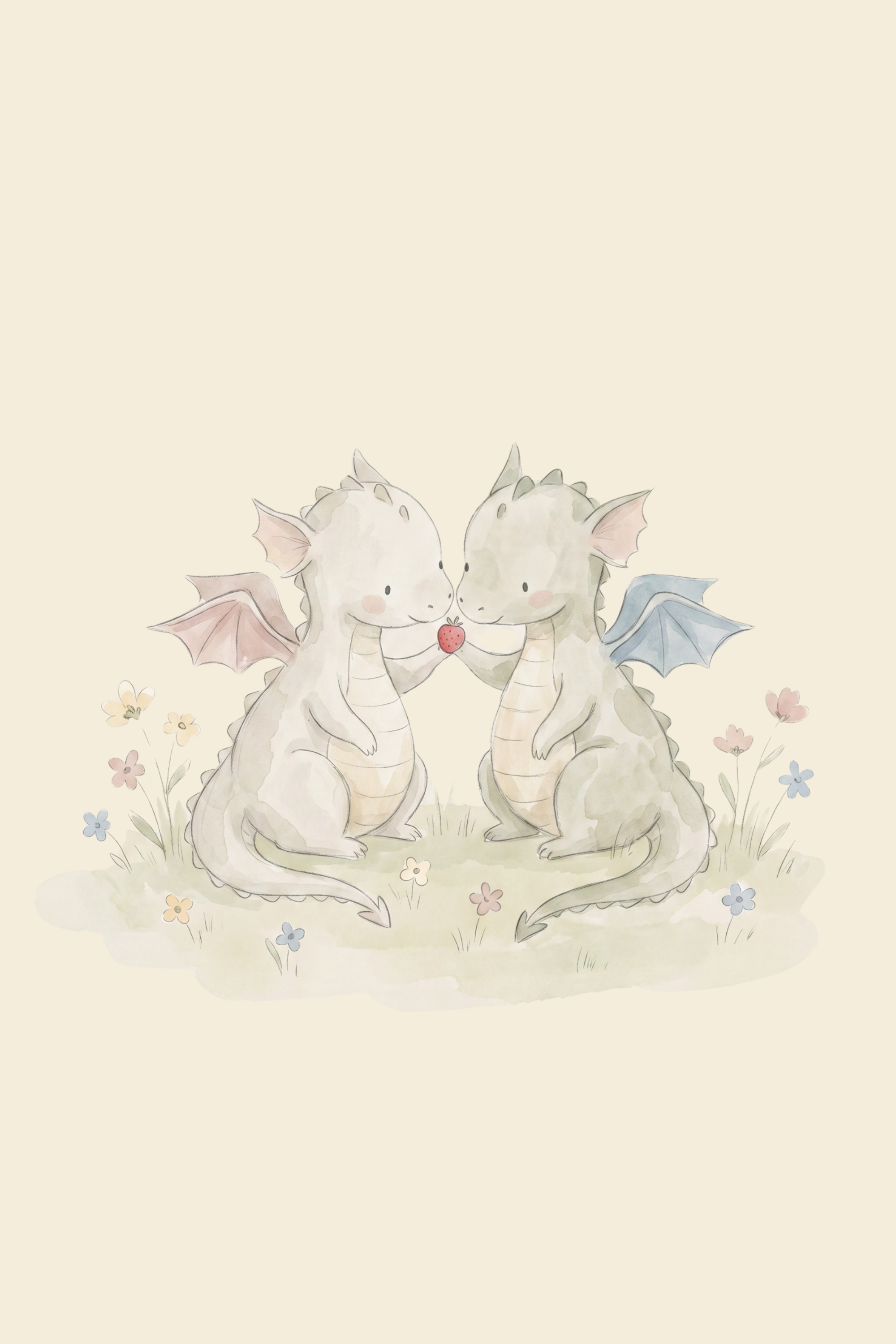 Strawberry Sharing Baby Dragons Wall Art - Sharing A Berry