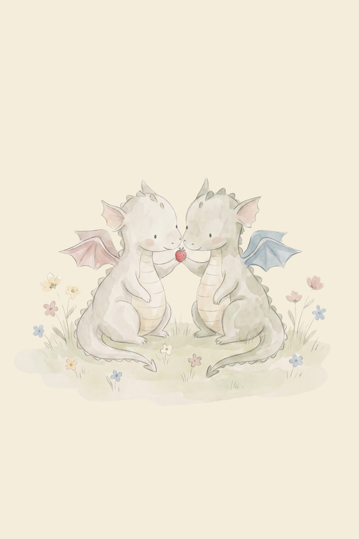 Watercolor strawberry sharing baby dragons wall art shows two cute dragons in a flowery field sharing a red berry.