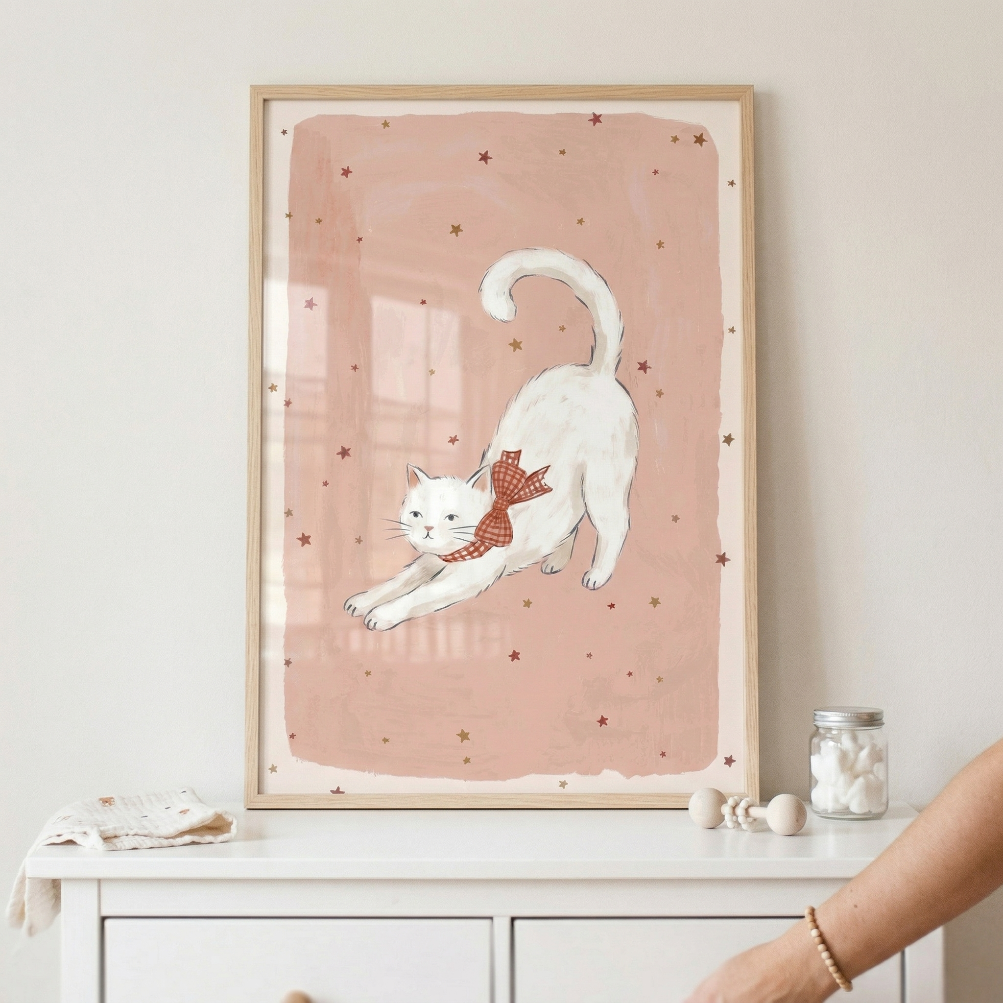 Stretching White Bow Cat Wall Art - Starry Kitten Stretch