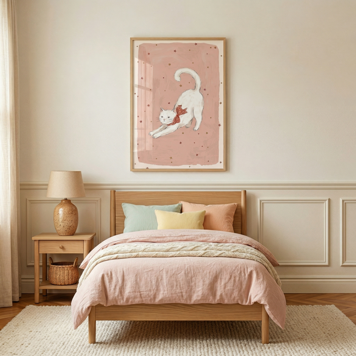 A cozy, minimalist bedroom features a simple wooden bed frame dressed in soft pink linen bedding and a chunky off-white knit throw. Three pillows in sage green, buttery yellow, and peach lean against the headboard. Above the bed hangs a framed illustration of a stretching white cat with a red bow on a dusty pink, dotted background. To the left, a wooden nightstand holds a speckled ceramic lamp and a woven basket. Neutral cream walls with paneled wainscoting and a white rug complete the space.