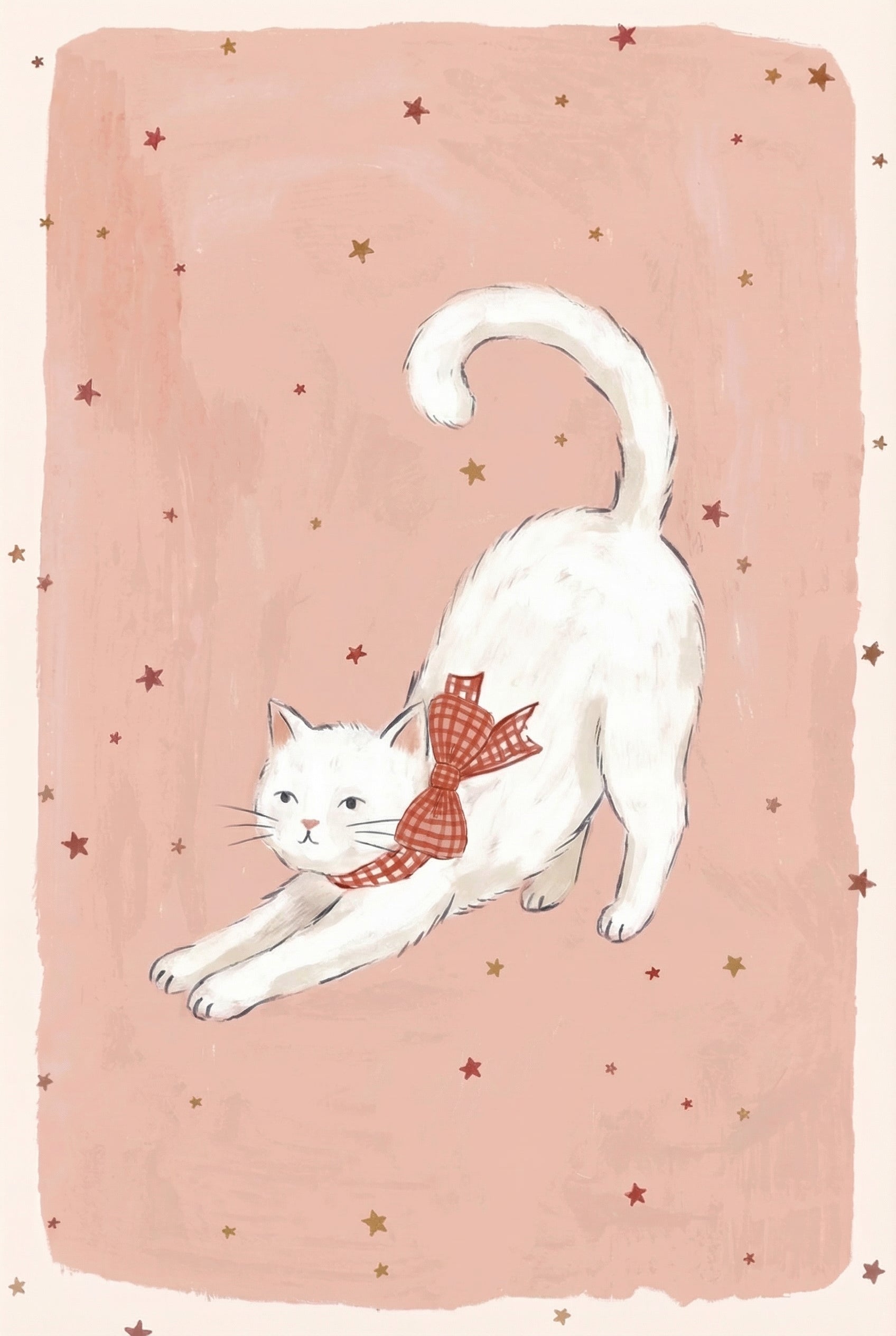 Stretching White Bow Cat Wall Art - Starry Kitten Stretch
