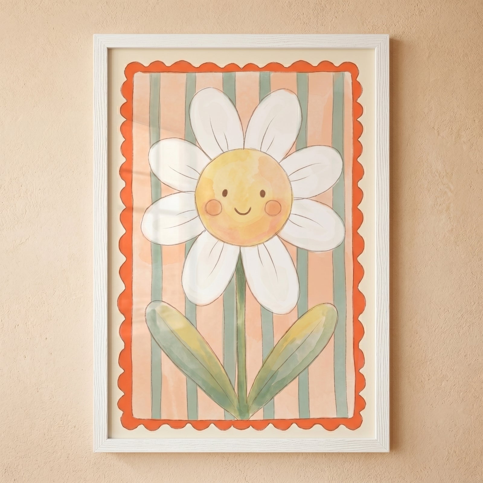 Framed striped background daisy flower wall art with a smiling face, green leaves, and a scalloped orange border.