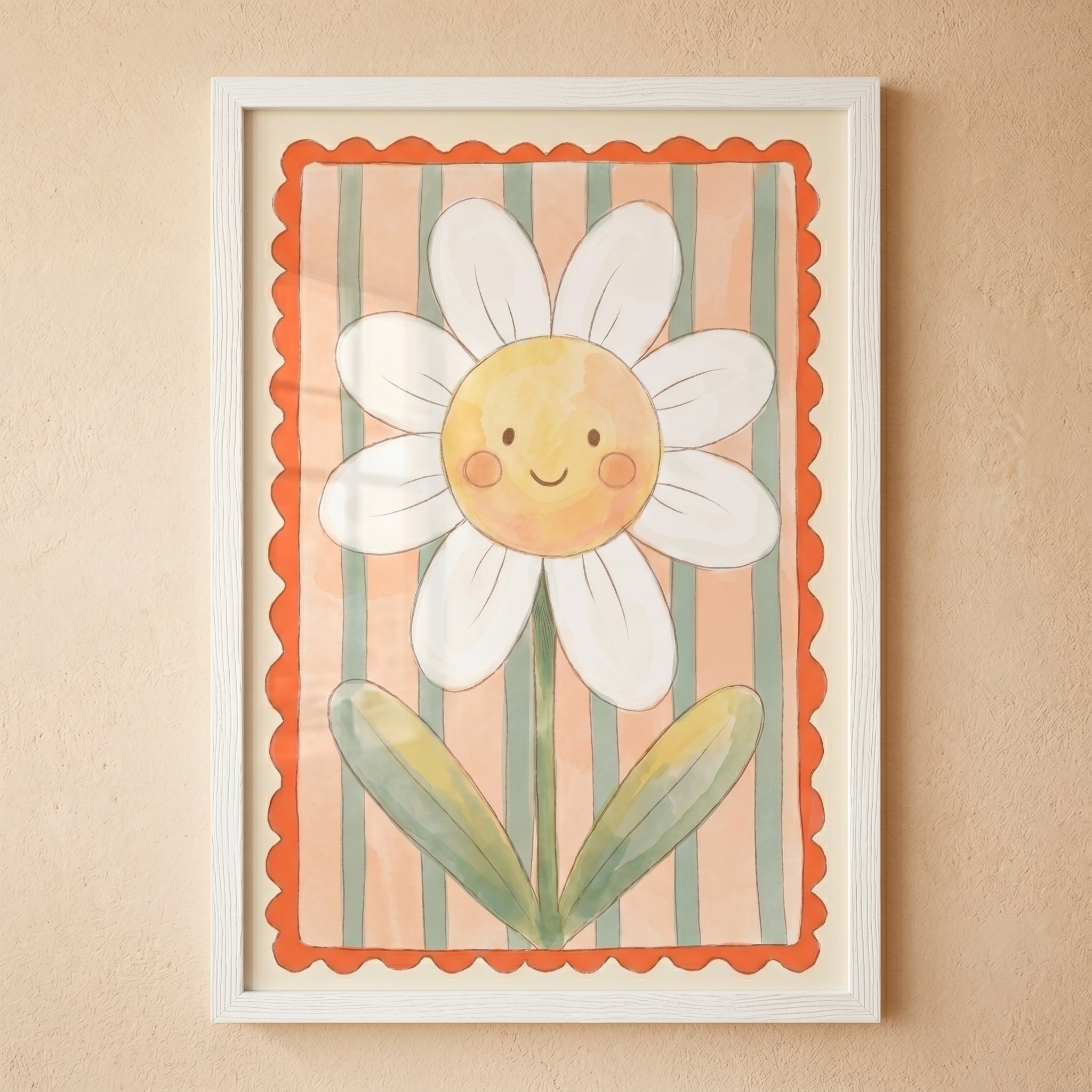 Striped Background Daisy Flower Wall Art - Happy Daisy Bloom