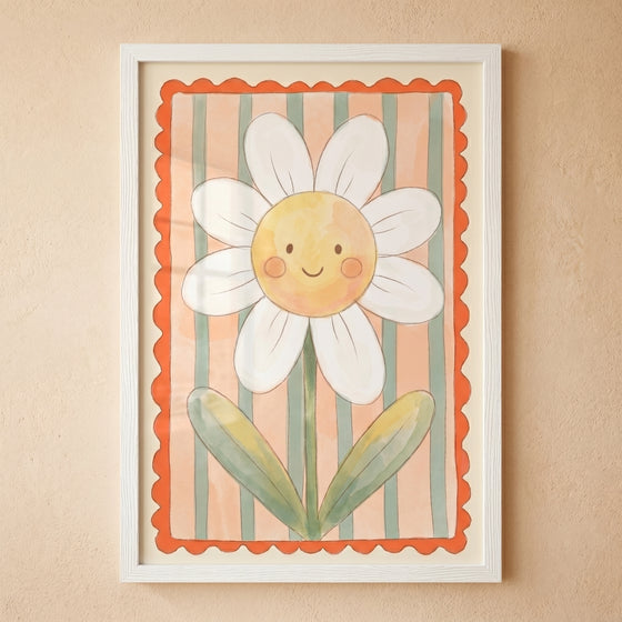 Framed striped background daisy flower wall art with a smiling face, green leaves, and a scalloped orange border.