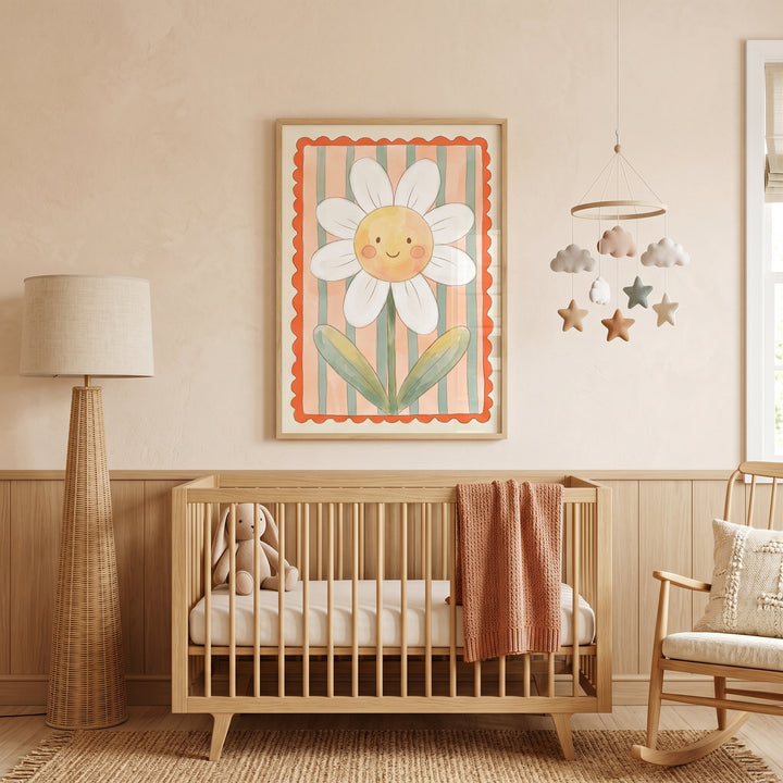 Striped background daisy flower wall art hangs above a wooden crib in a neutral-toned nursery with a floor lamp.