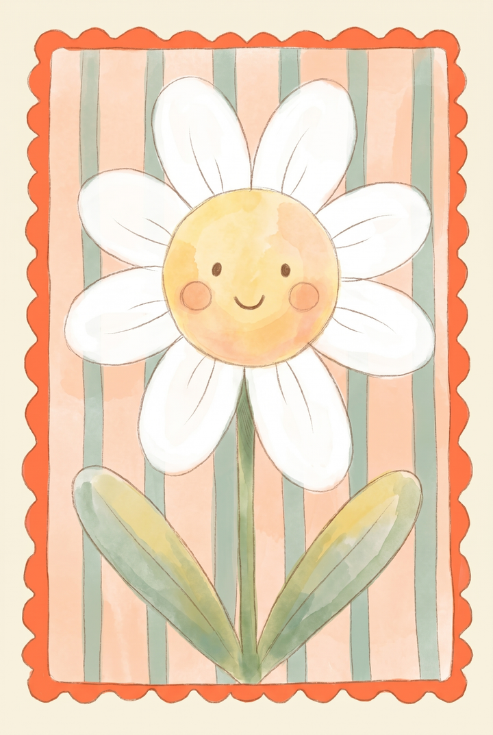 Smiling daisy with a scalloped orange border and striped background daisy flower wall art.