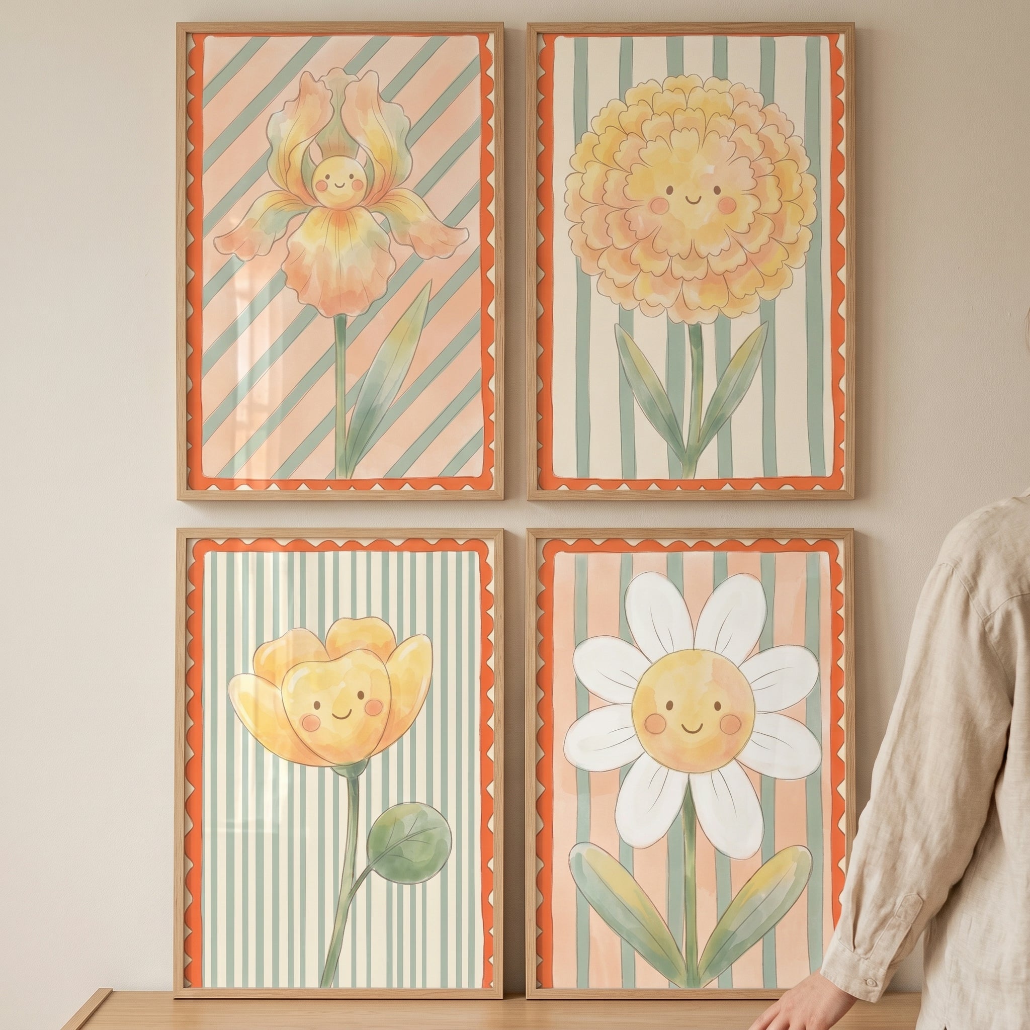Striped Background Smiling Flower Wall Art Set of 4 - Cheerful Garden Blooms
